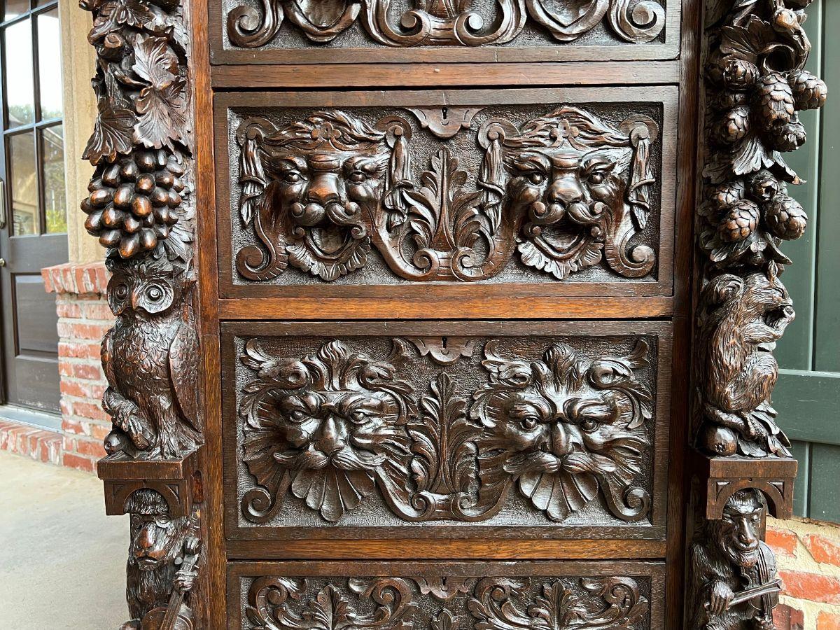 19th Century English Carved Oak Chest Cabinet Gothic Revival Monkey Owl Violin 9