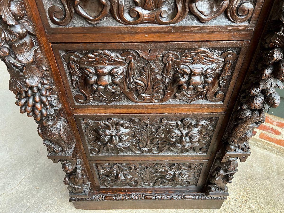19th Century English Carved Oak Chest Cabinet Gothic Revival Monkey Owl Violin 12