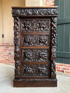 19th Century English Carved Oak Chest Cabinet Gothic Revival Monkey Owl Violin