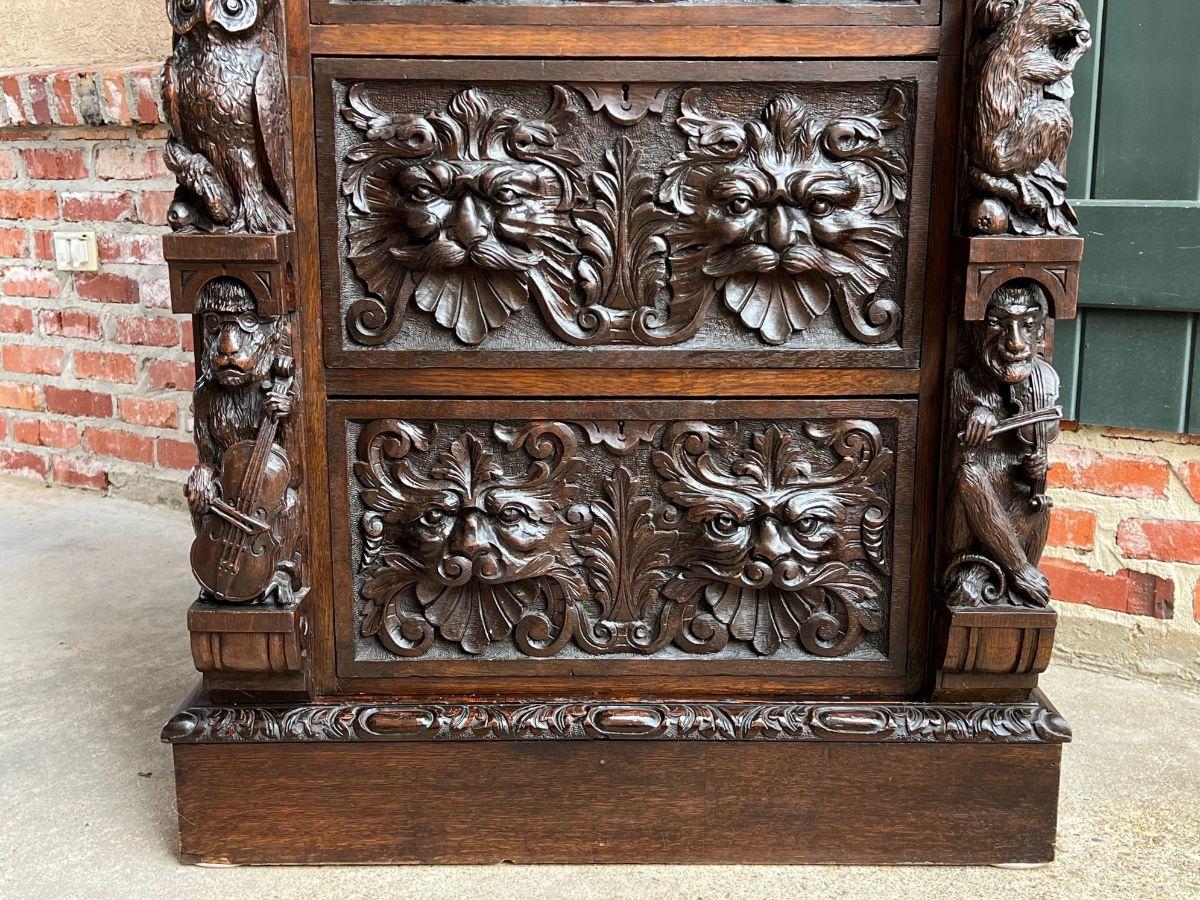19th Century English Carved Oak Chest Cabinet Gothic Revival Monkey Owl Violin 1