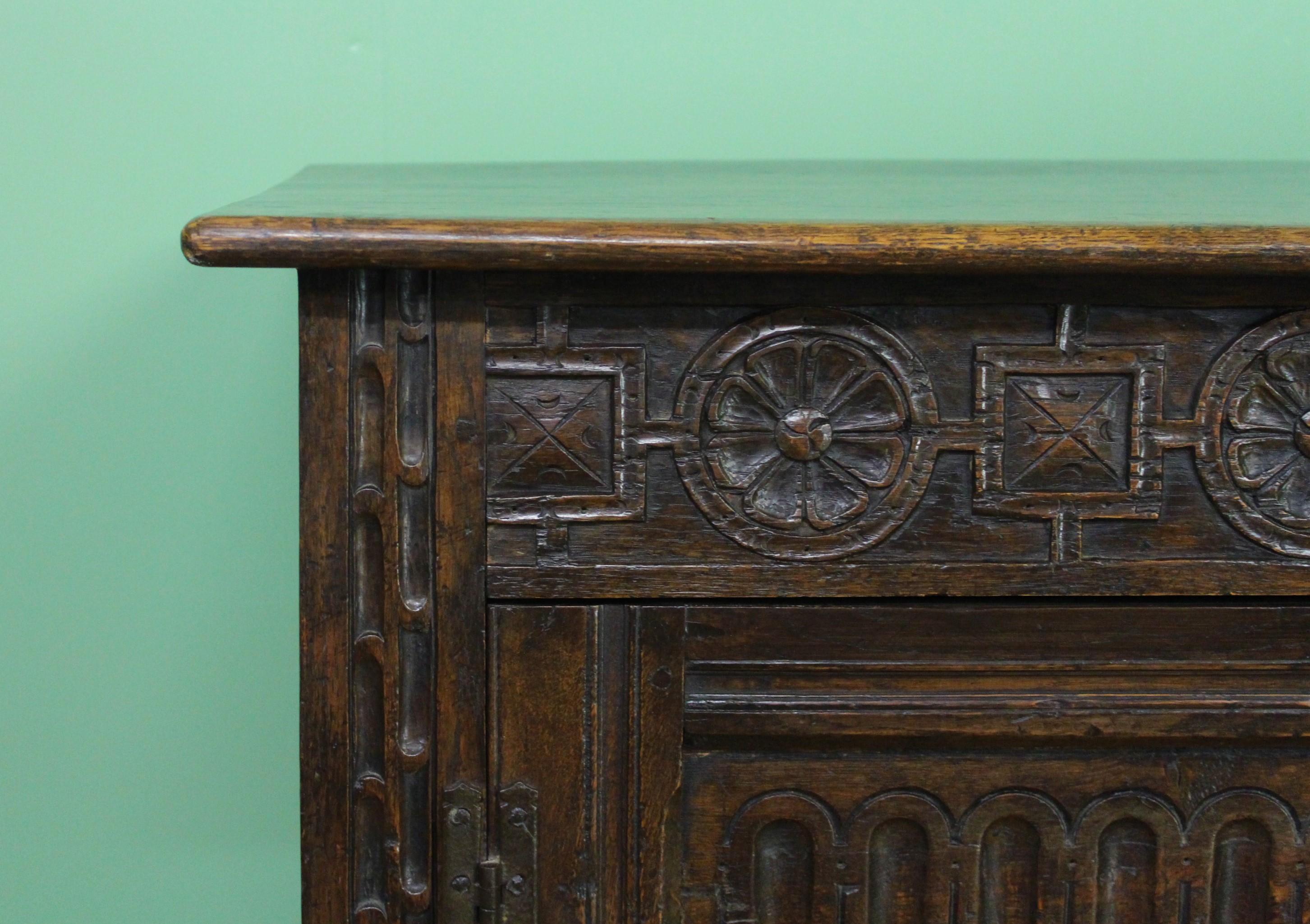 19th Century English Carved Oak Cupboard In Good Condition For Sale In Poling, West Sussex