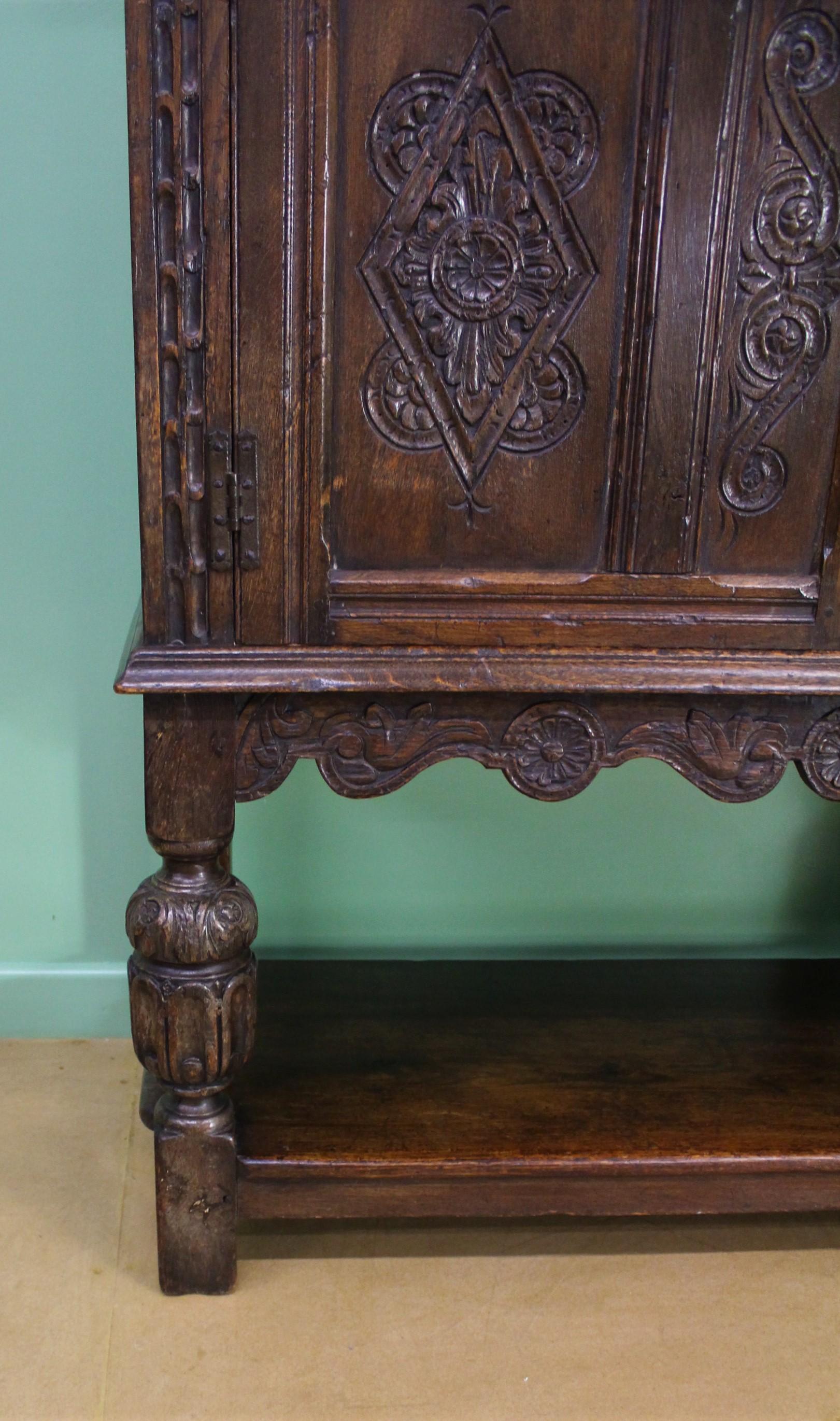 19th Century English Carved Oak Cupboard For Sale 1