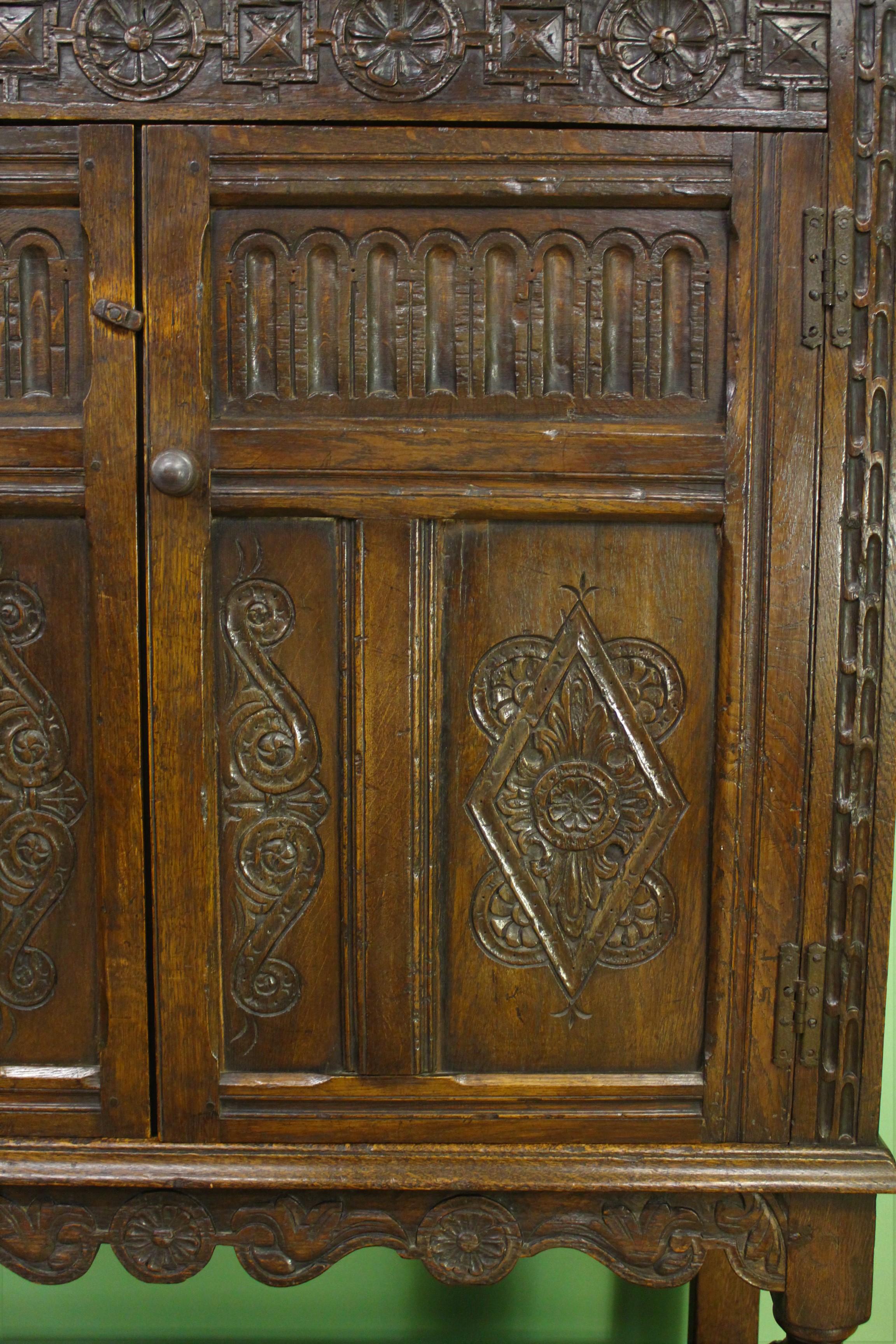 19th Century English Carved Oak Cupboard For Sale 4