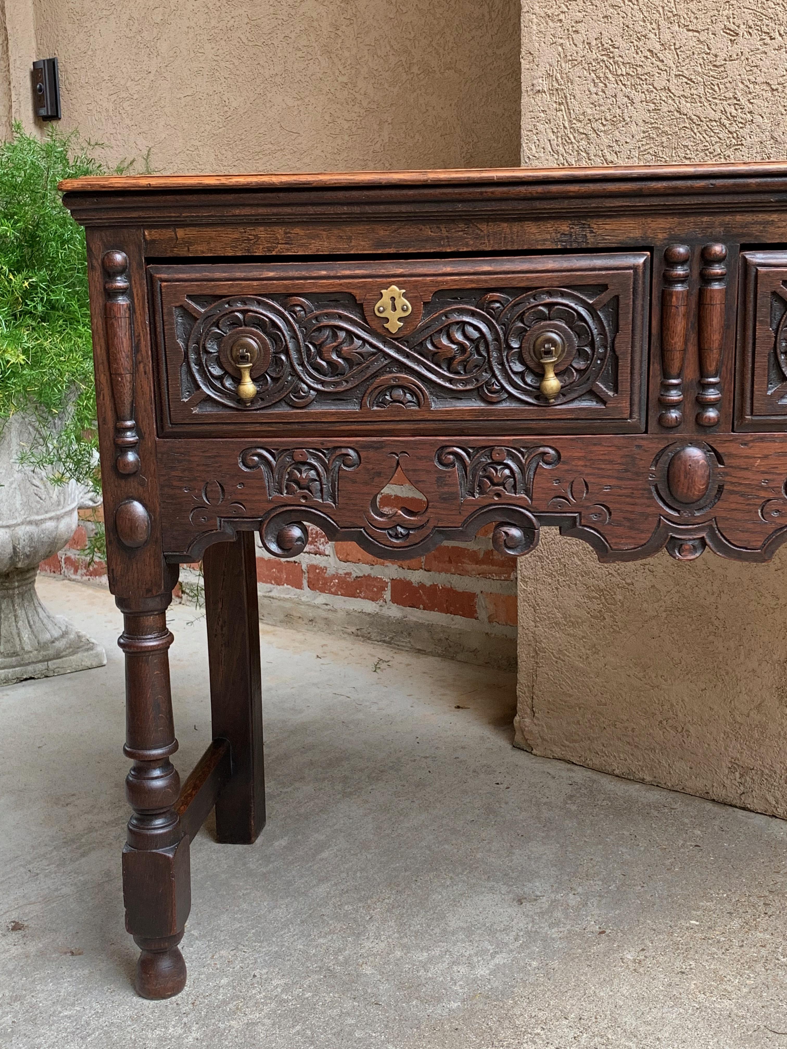 19th century English Carved Oak Hall Entry Sofa Table Sideboard Jacobean Small 1