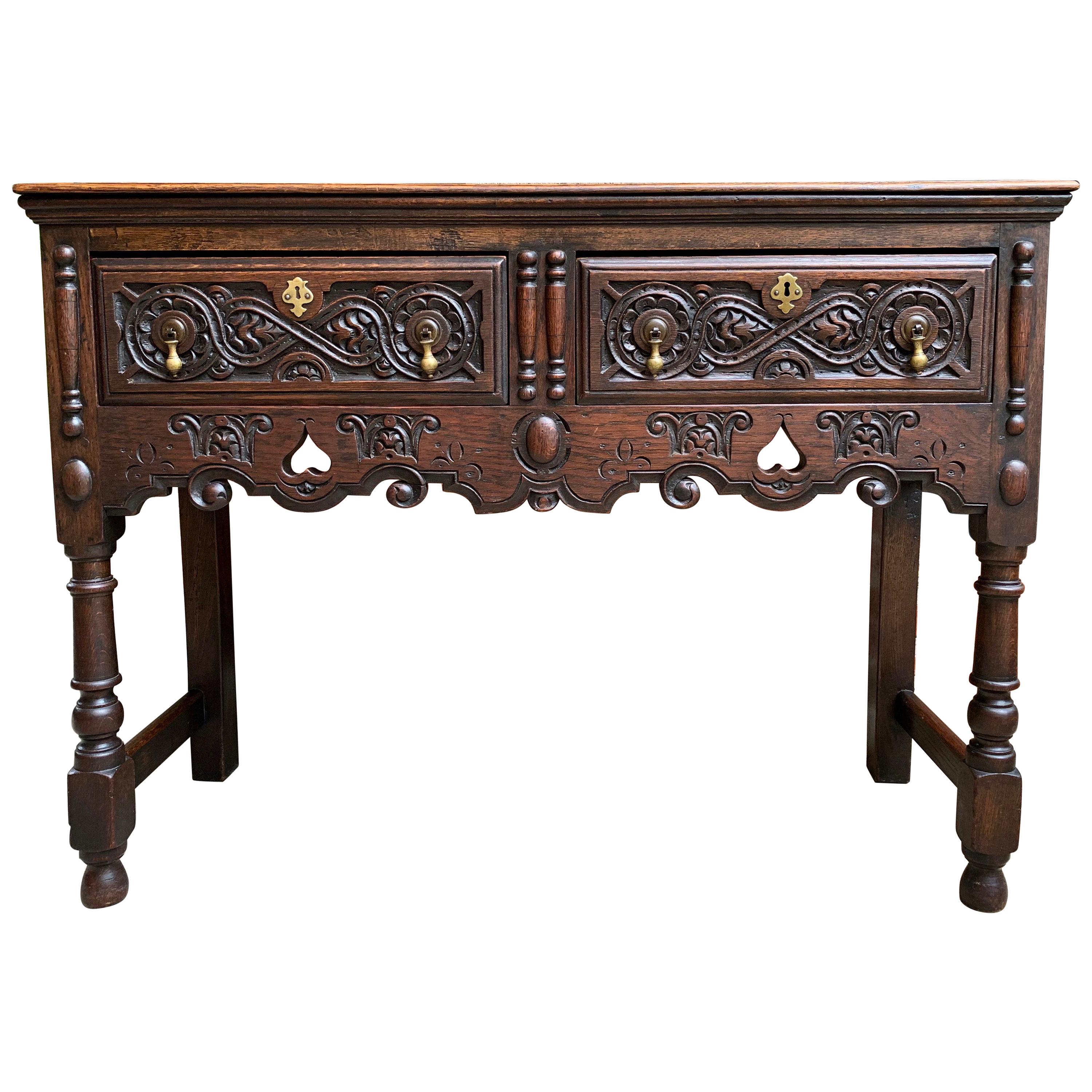 19th century English Carved Oak Hall Entry Sofa Table Sideboard Jacobean Small