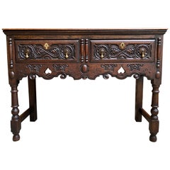 Antique 19th century English Carved Oak Hall Entry Sofa Table Sideboard Jacobean Small