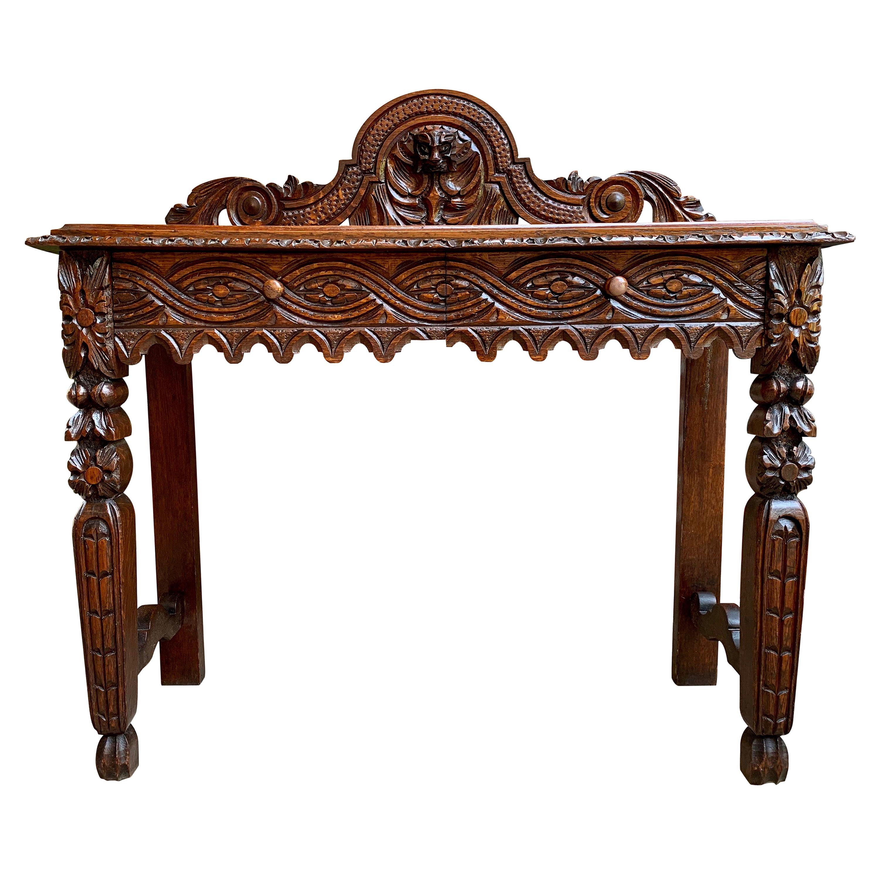 19th Century English Carved Oak Hall Foyer Sofa Table Renaissance