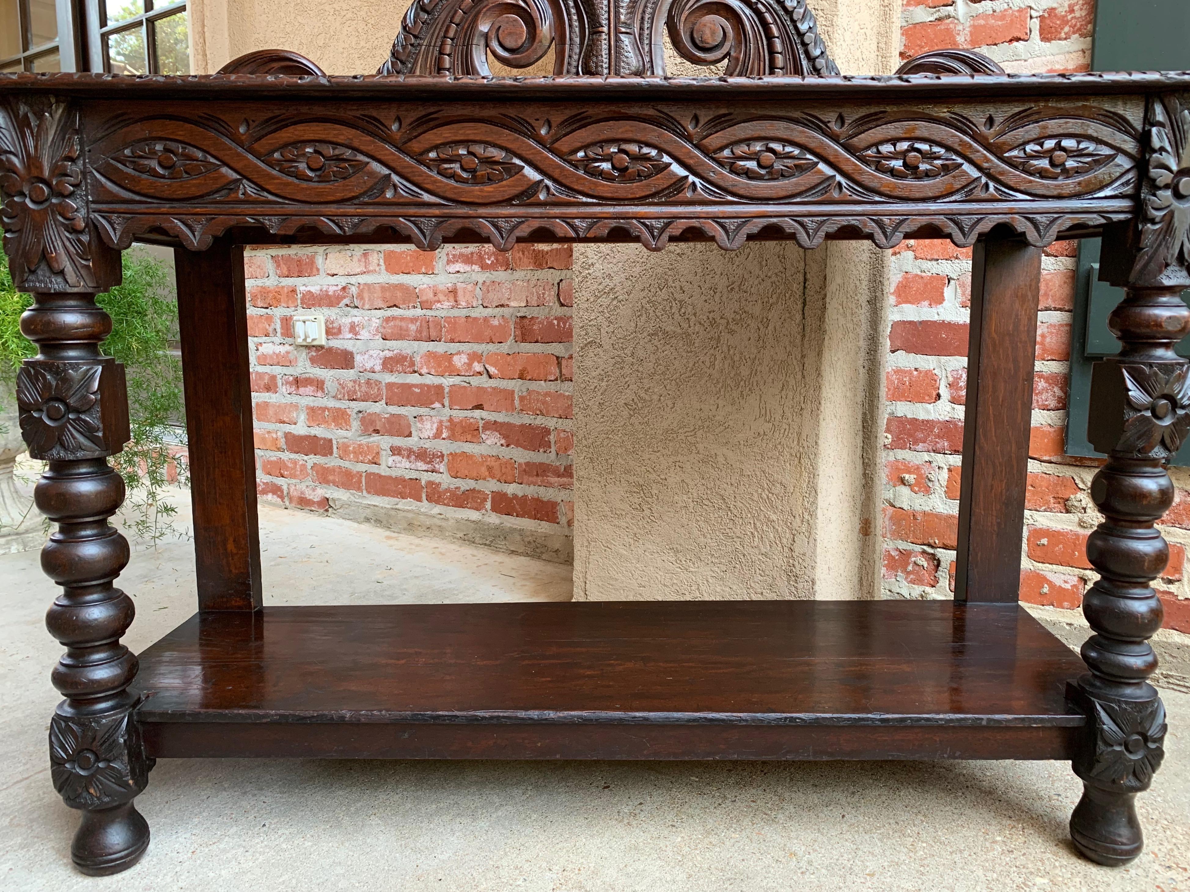 19th Century English Carved Oak Hall Foyer Table Renaissance Sideboard Bookshelf 1