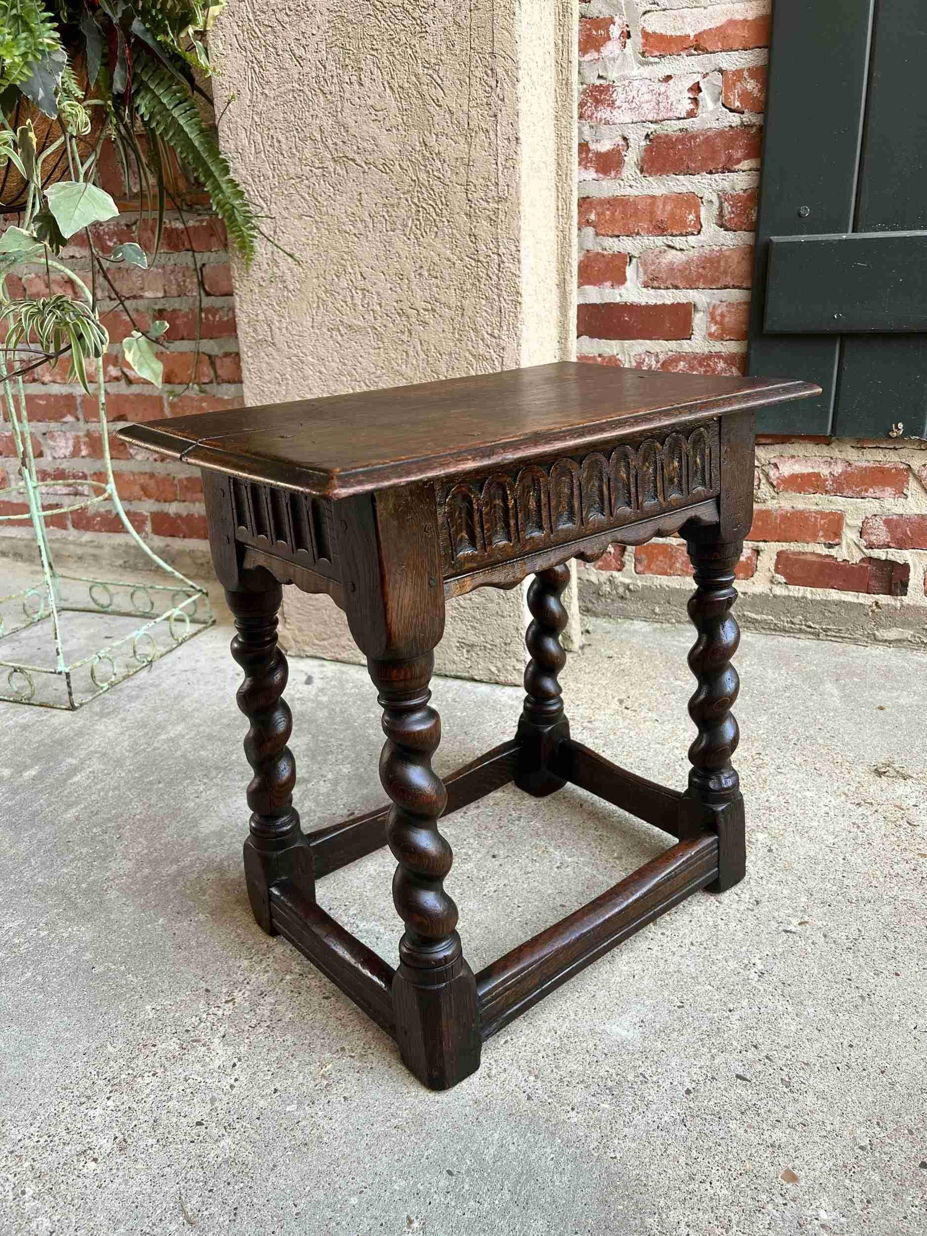 19th Century English Carved Oak Jacobean Joint Stool Bench Barley Twist Pegged 9