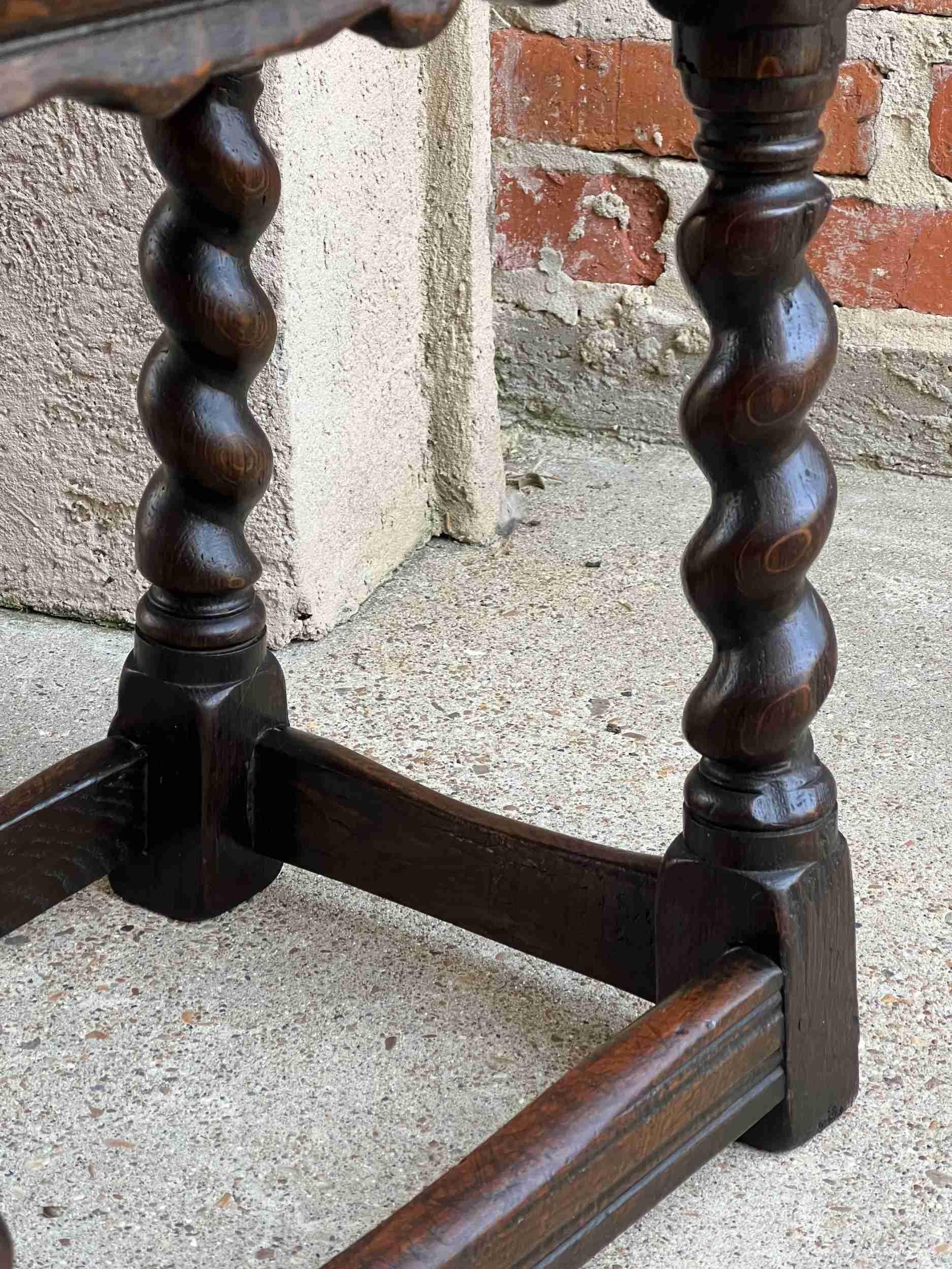 19th Century English Carved Oak Jacobean Joint Stool Bench Barley Twist Pegged 11