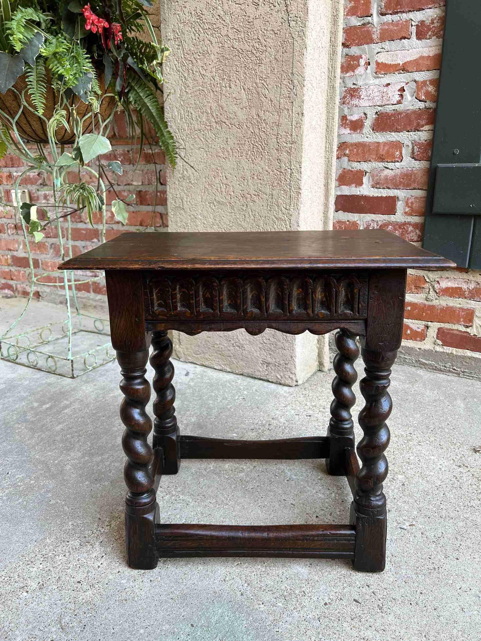19th century English Carved Oak Jacobean Joint Stool Bench Barley Twist Pegged.

Direct from England, a classic English ‘joint stool’.
One of the most highly requested antiques, these stools or benches are perfect little occasional pieces, whether