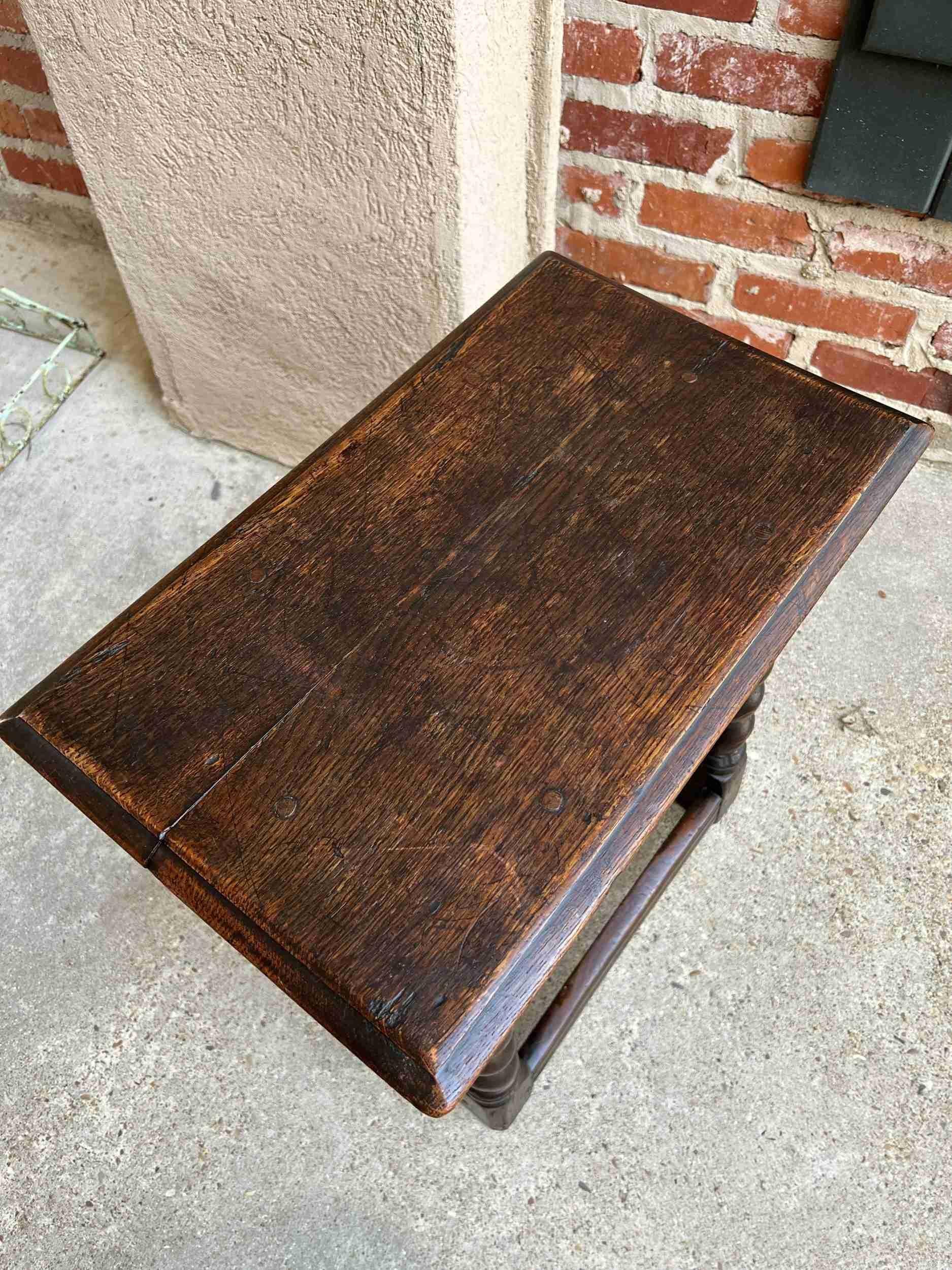 19th Century English Carved Oak Jacobean Joint Stool Bench Barley Twist Pegged 14