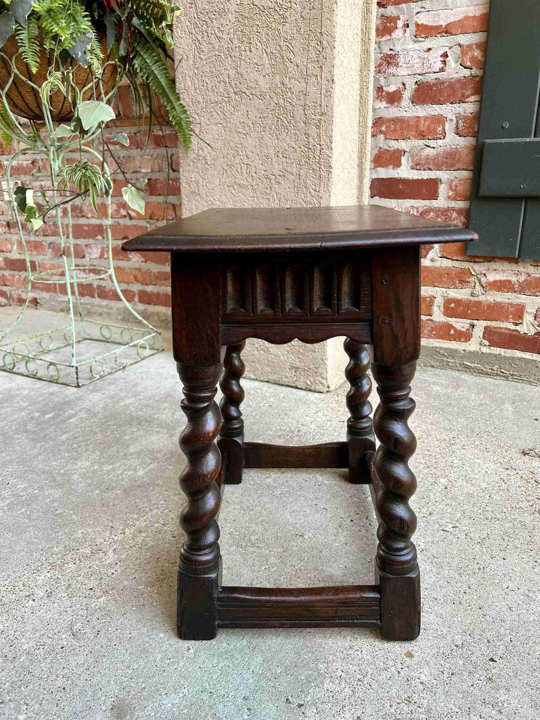 Late 19th Century 19th Century English Carved Oak Jacobean Joint Stool Bench Barley Twist Pegged