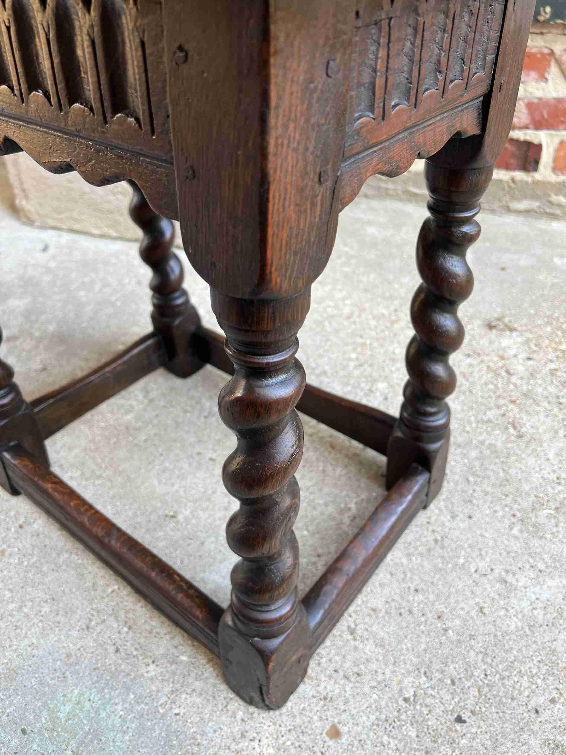 19th Century English Carved Oak Jacobean Joint Stool Bench Barley Twist Pegged 2
