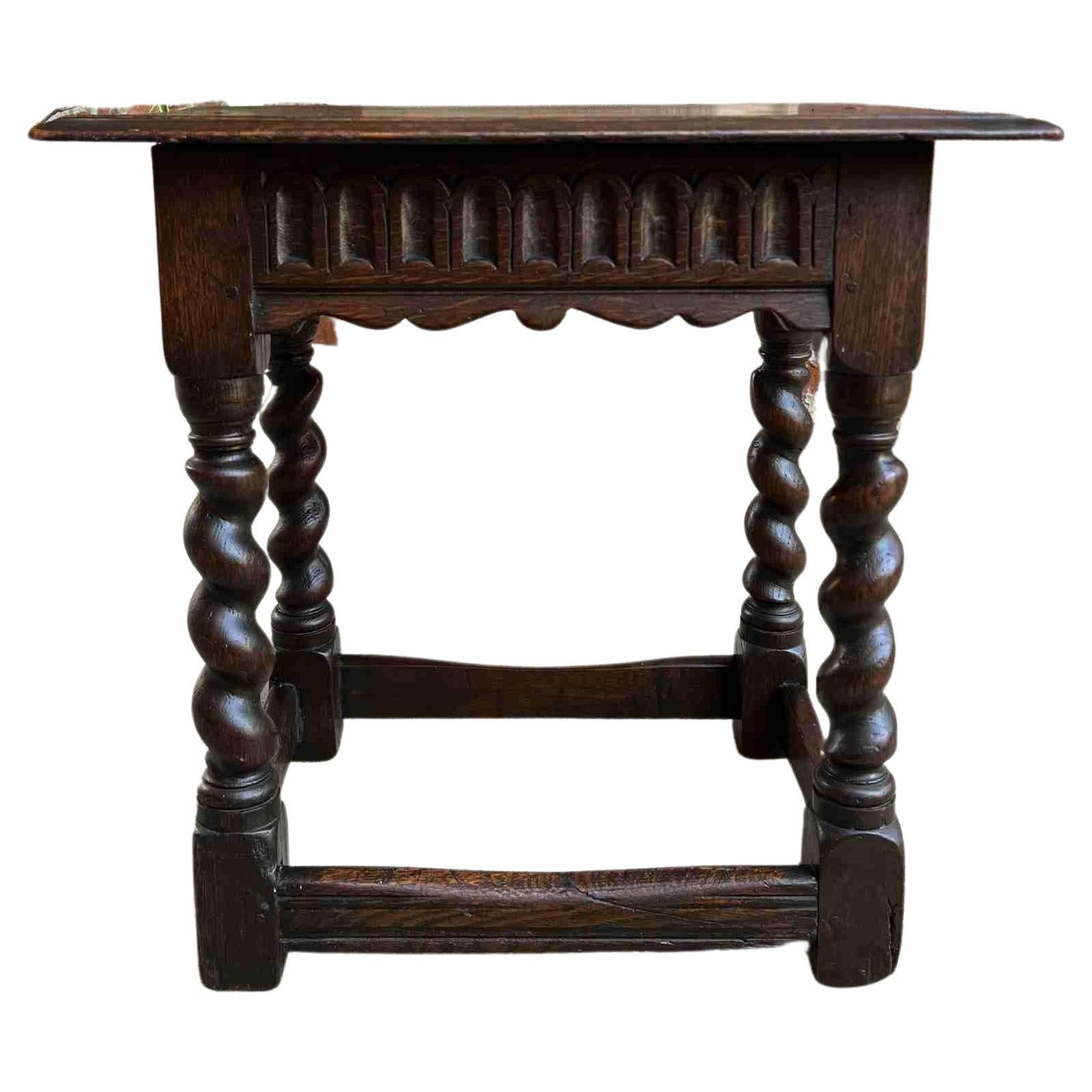 19th Century English Carved Oak Jacobean Joint Stool Bench Barley Twist Pegged