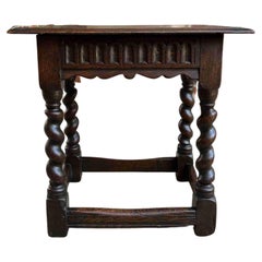 19th Century English Carved Oak Jacobean Joint Stool Bench Barley Twist Pegged