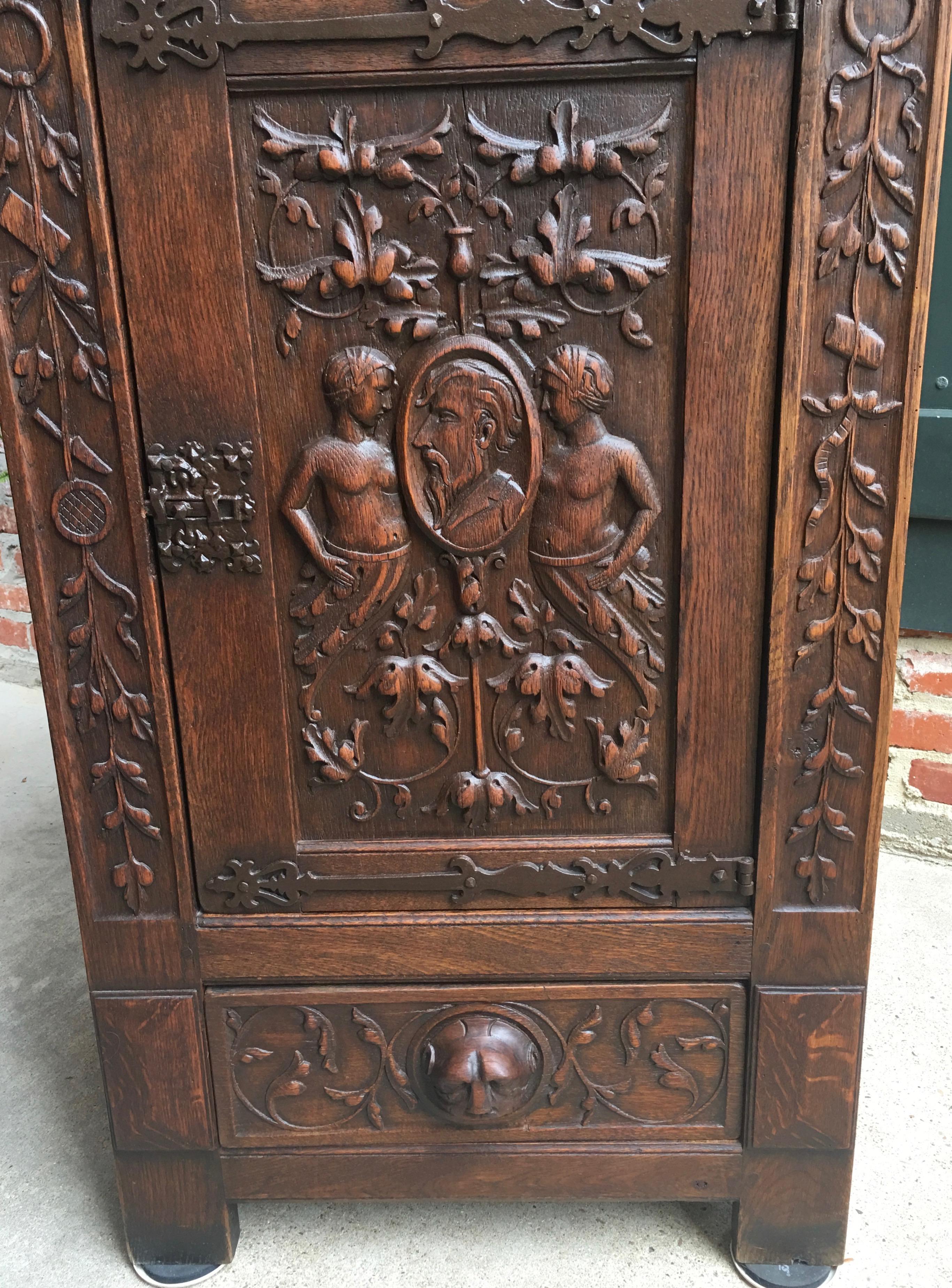 Hand-Carved 19th century English Carved Oak Renaissance Gothic Cabinet Bronze Stand Bookcase