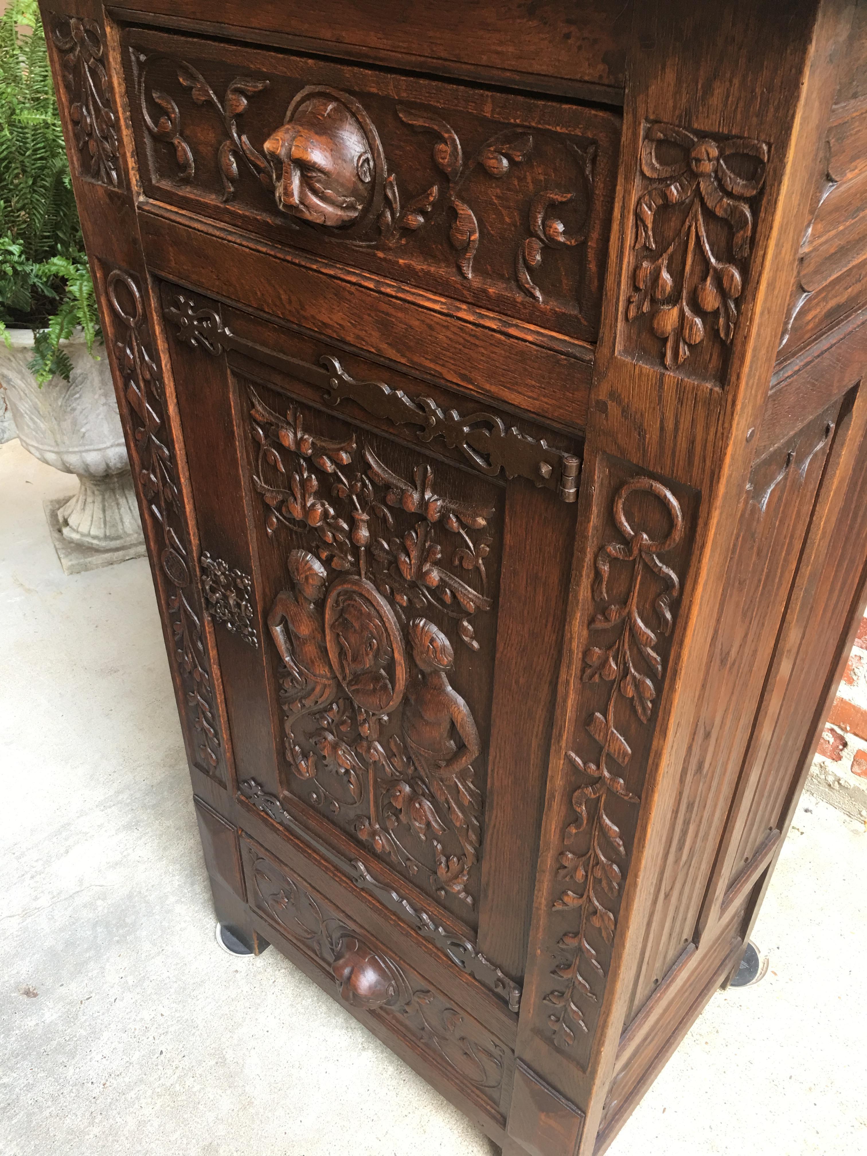 Late 19th Century 19th century English Carved Oak Renaissance Gothic Cabinet Bronze Stand Bookcase