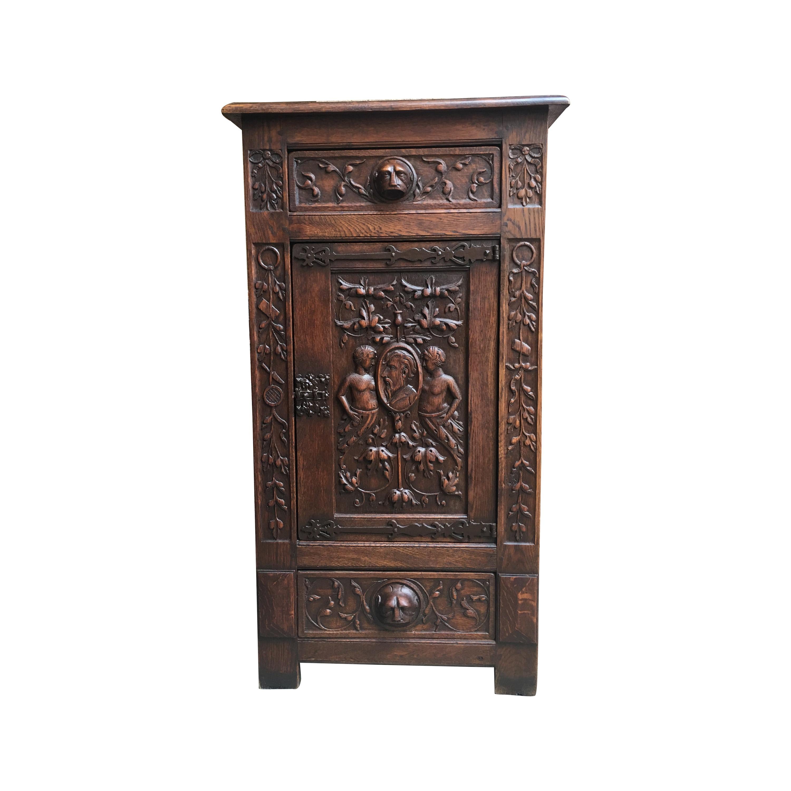 19th century English Carved Oak Renaissance Gothic Cabinet Bronze Stand Bookcase