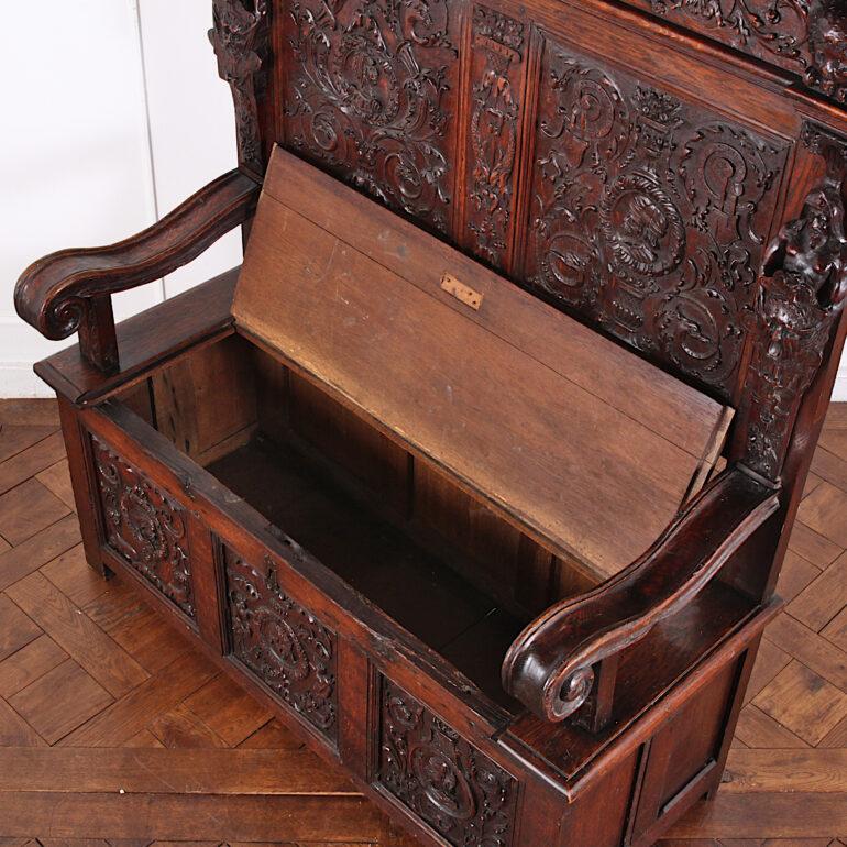 Hand-Carved 19th Century English Carved Oak Renaissance Revival Hall Bench