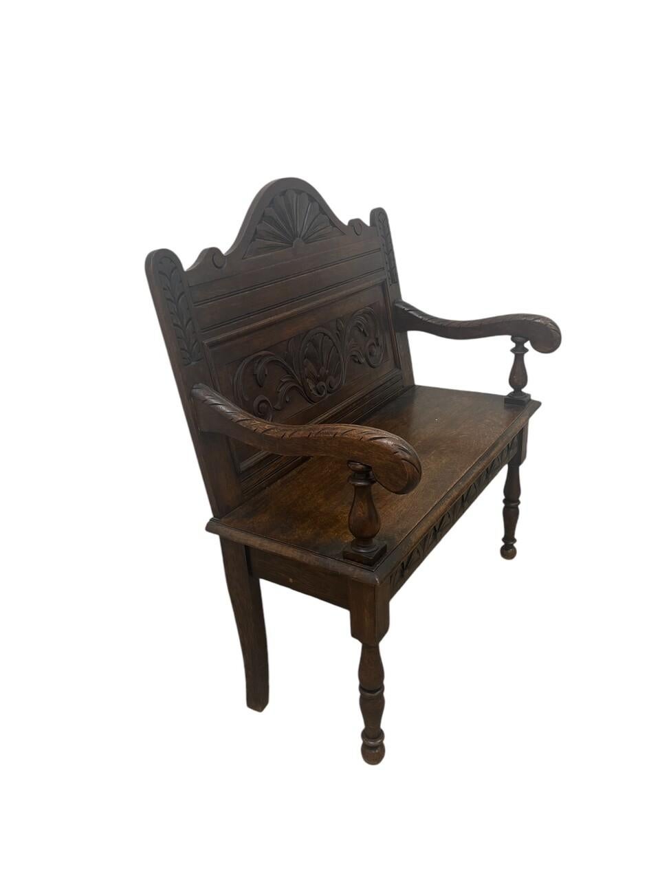 19th Century English Carved Oak Settle by Morgan & Co. late 1800's with beautiful patina
