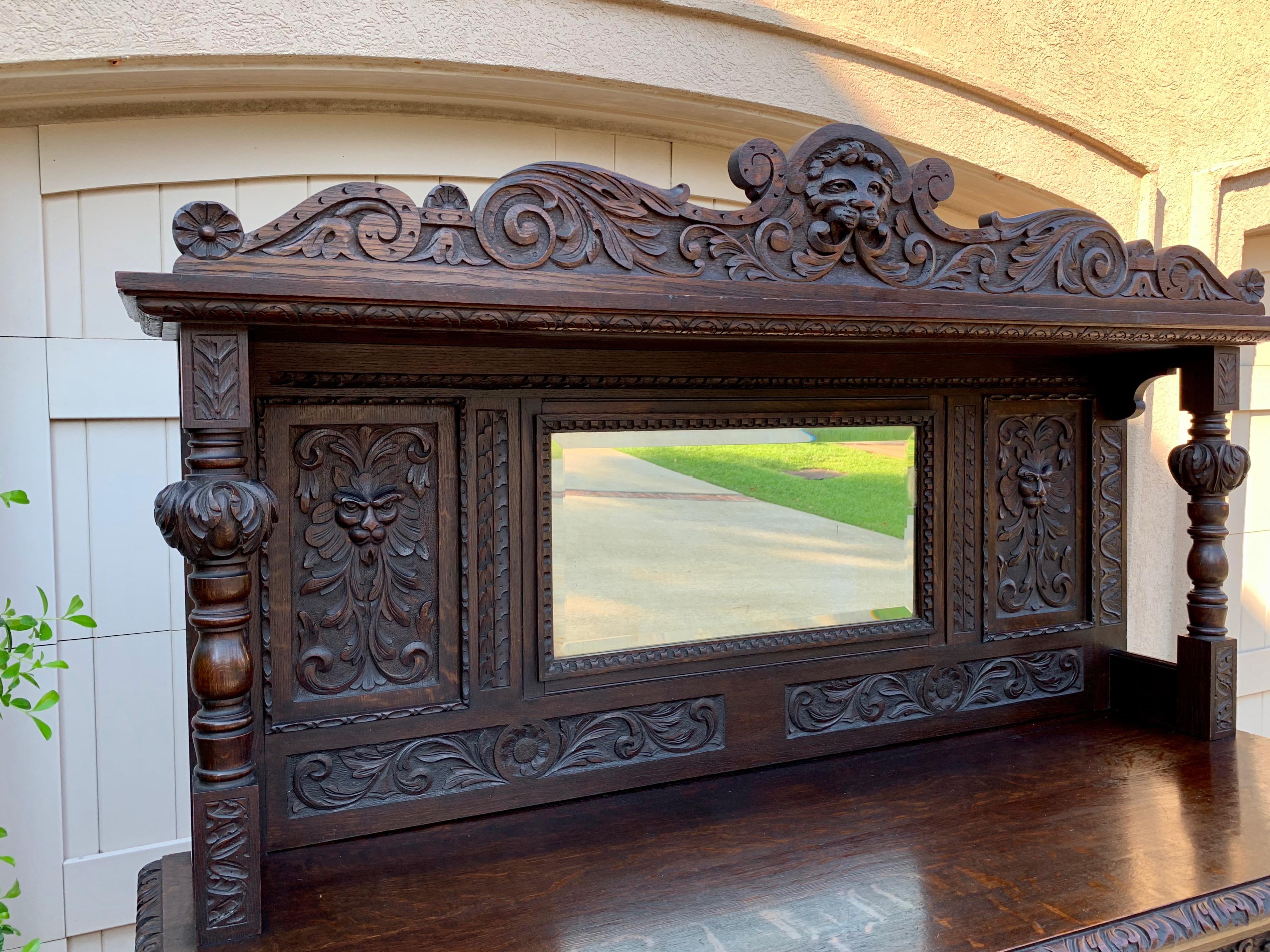 19th Century English Carved Oak Sideboard Cabinet Mirror Renaissance Lion 5