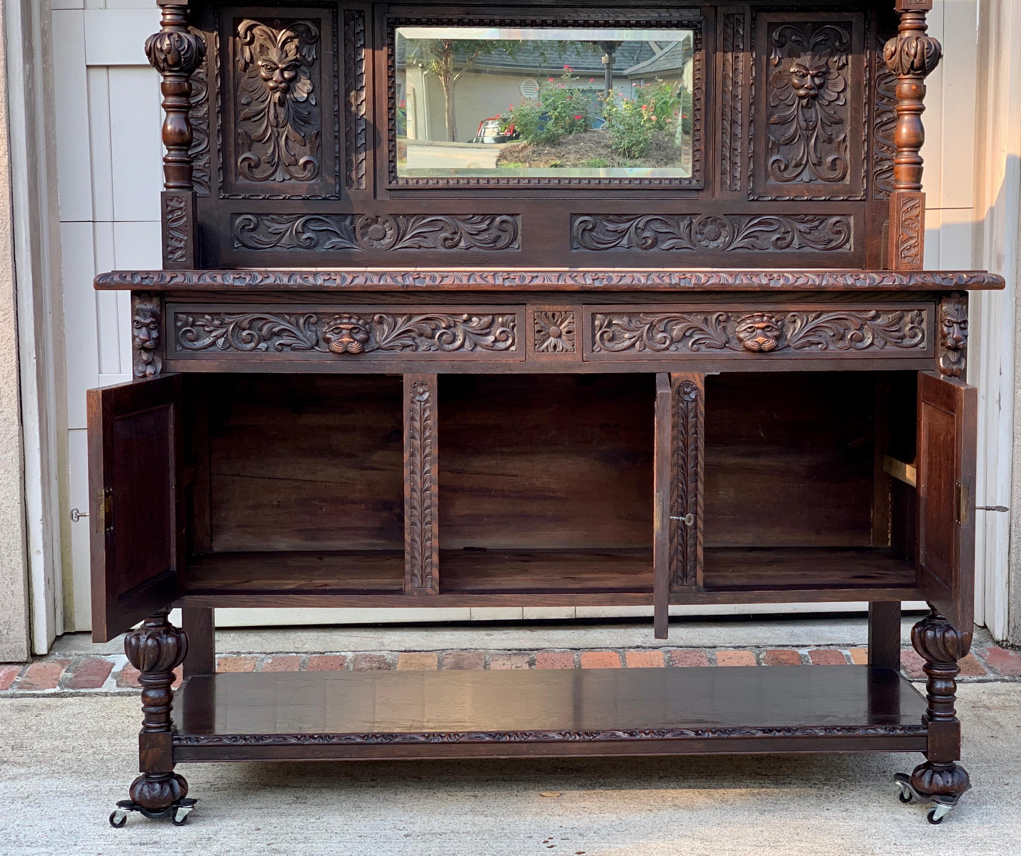 19th Century English Carved Oak Sideboard Cabinet Mirror Renaissance Lion 6