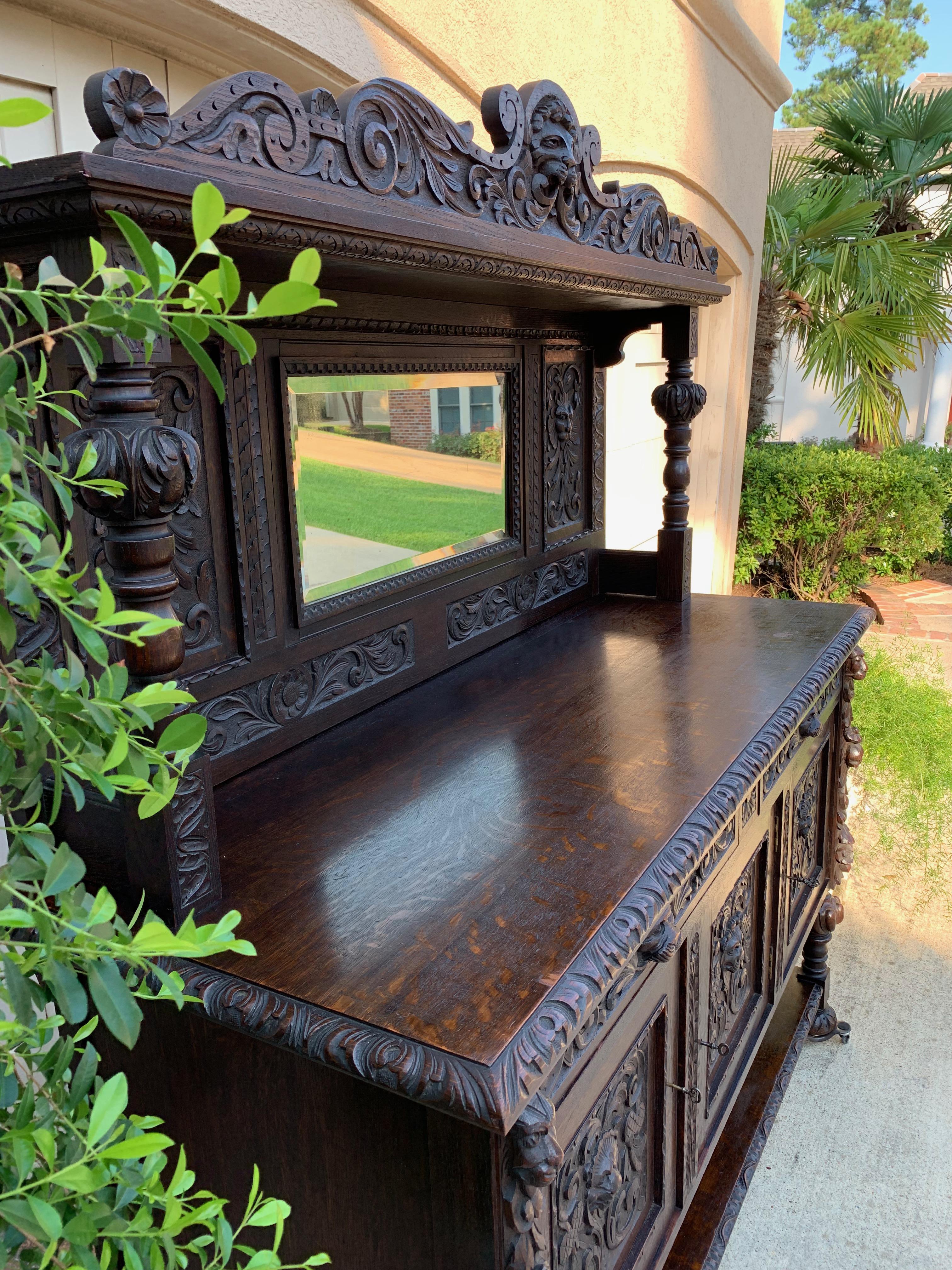 19th Century English Carved Oak Sideboard Cabinet Mirror Renaissance Lion 10