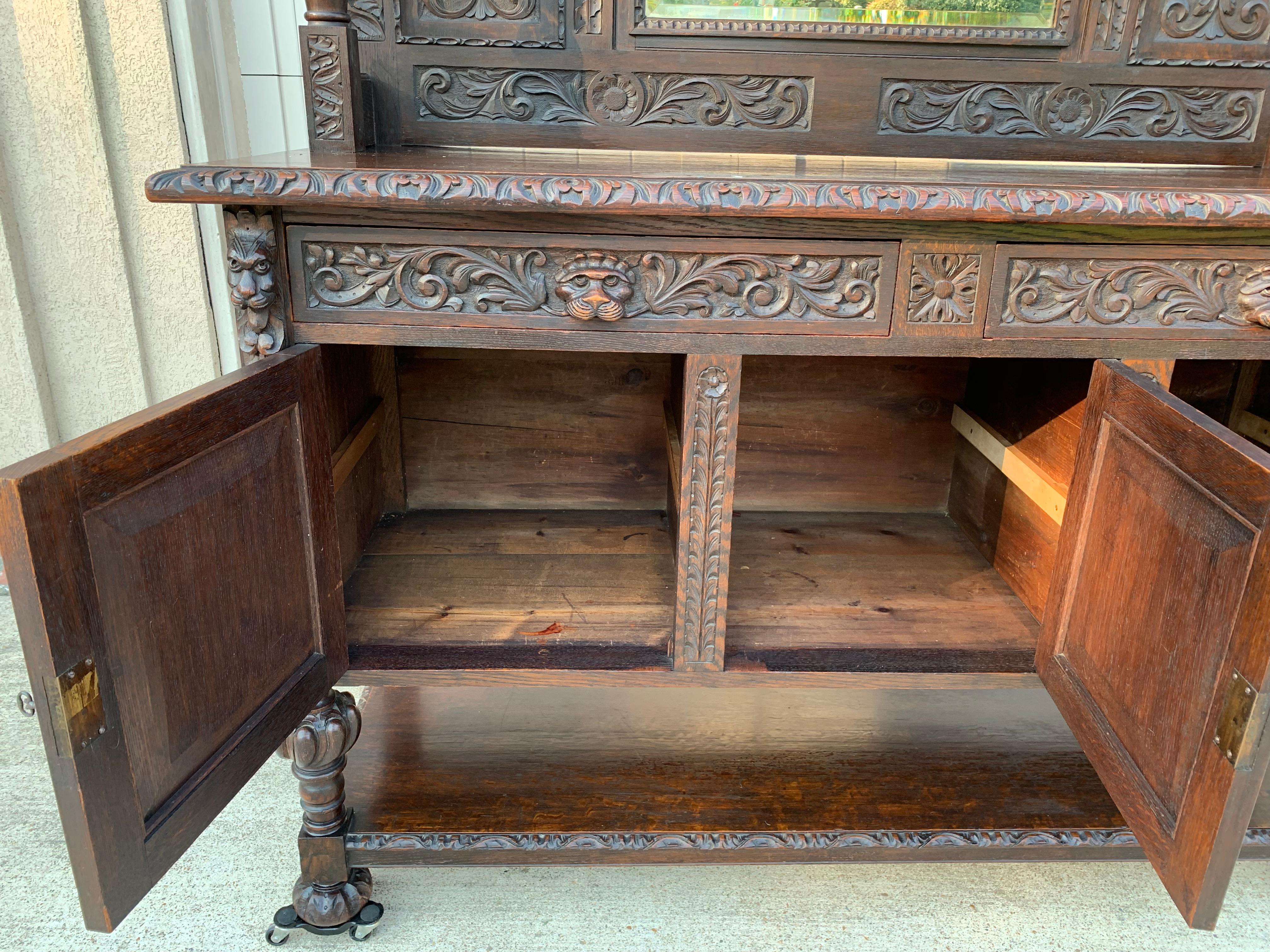 19th Century English Carved Oak Sideboard Cabinet Mirror Renaissance Lion 11