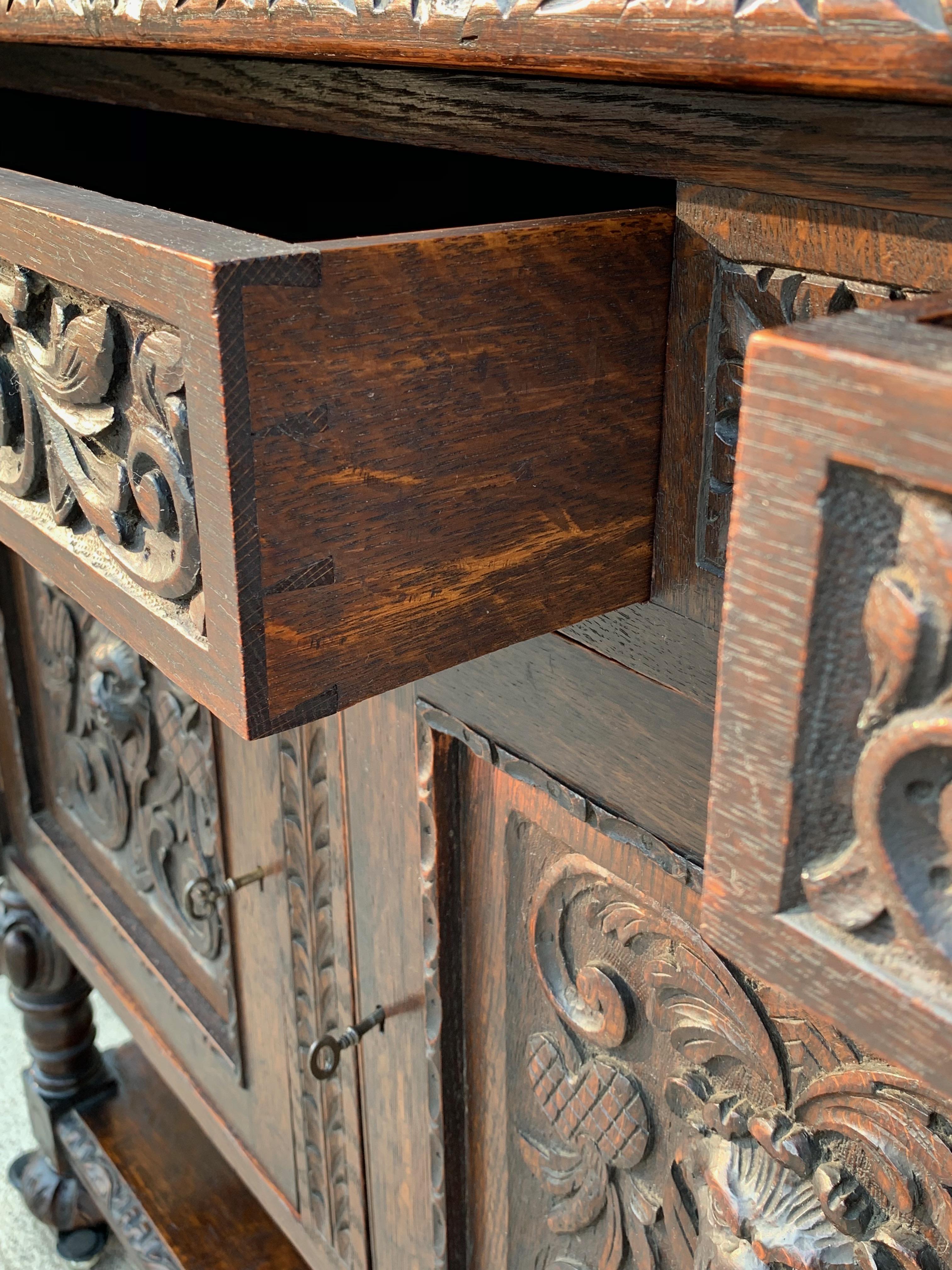 19th Century English Carved Oak Sideboard Cabinet Mirror Renaissance Lion 12