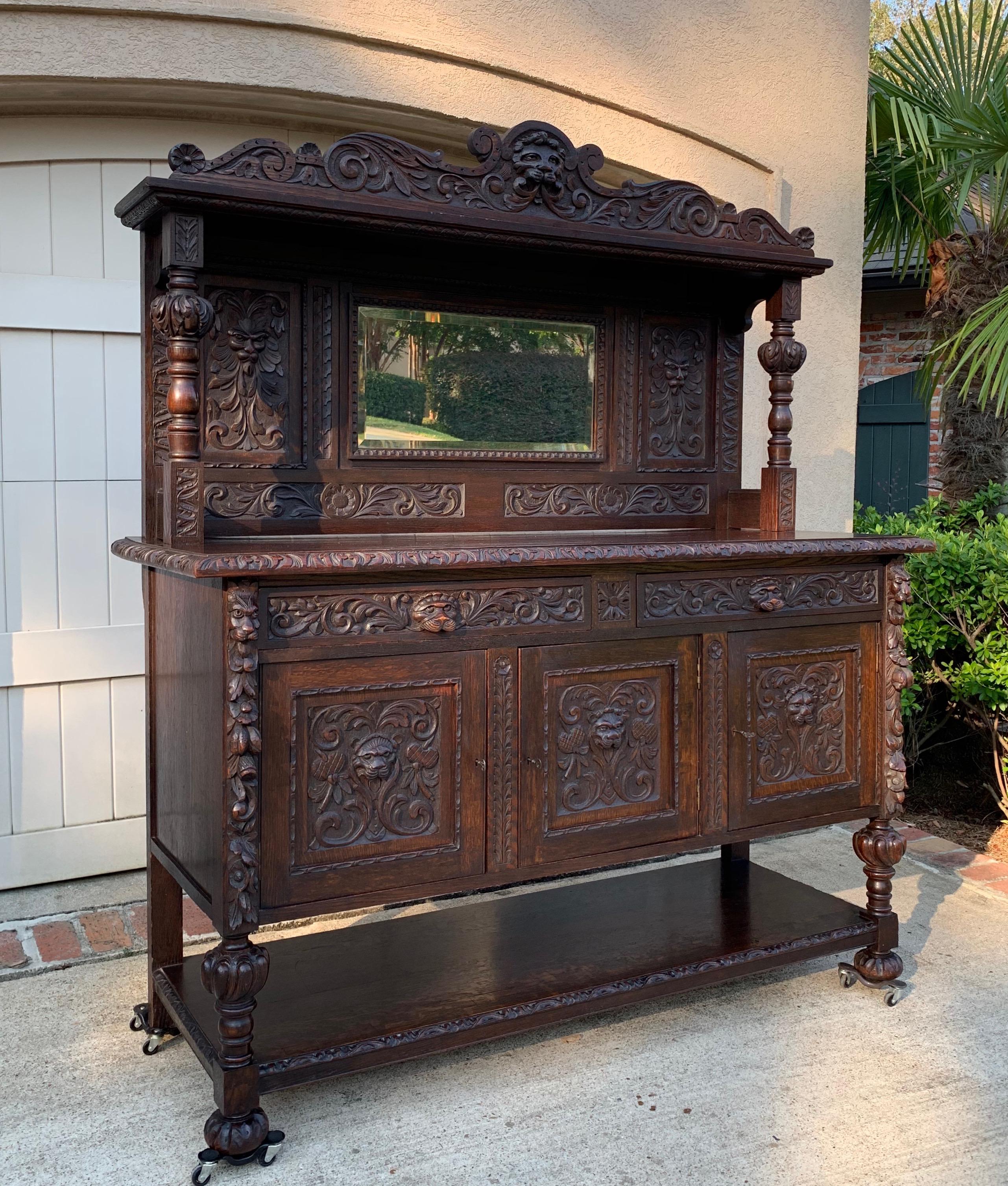 Hand-Carved 19th Century English Carved Oak Sideboard Cabinet Mirror Renaissance Lion