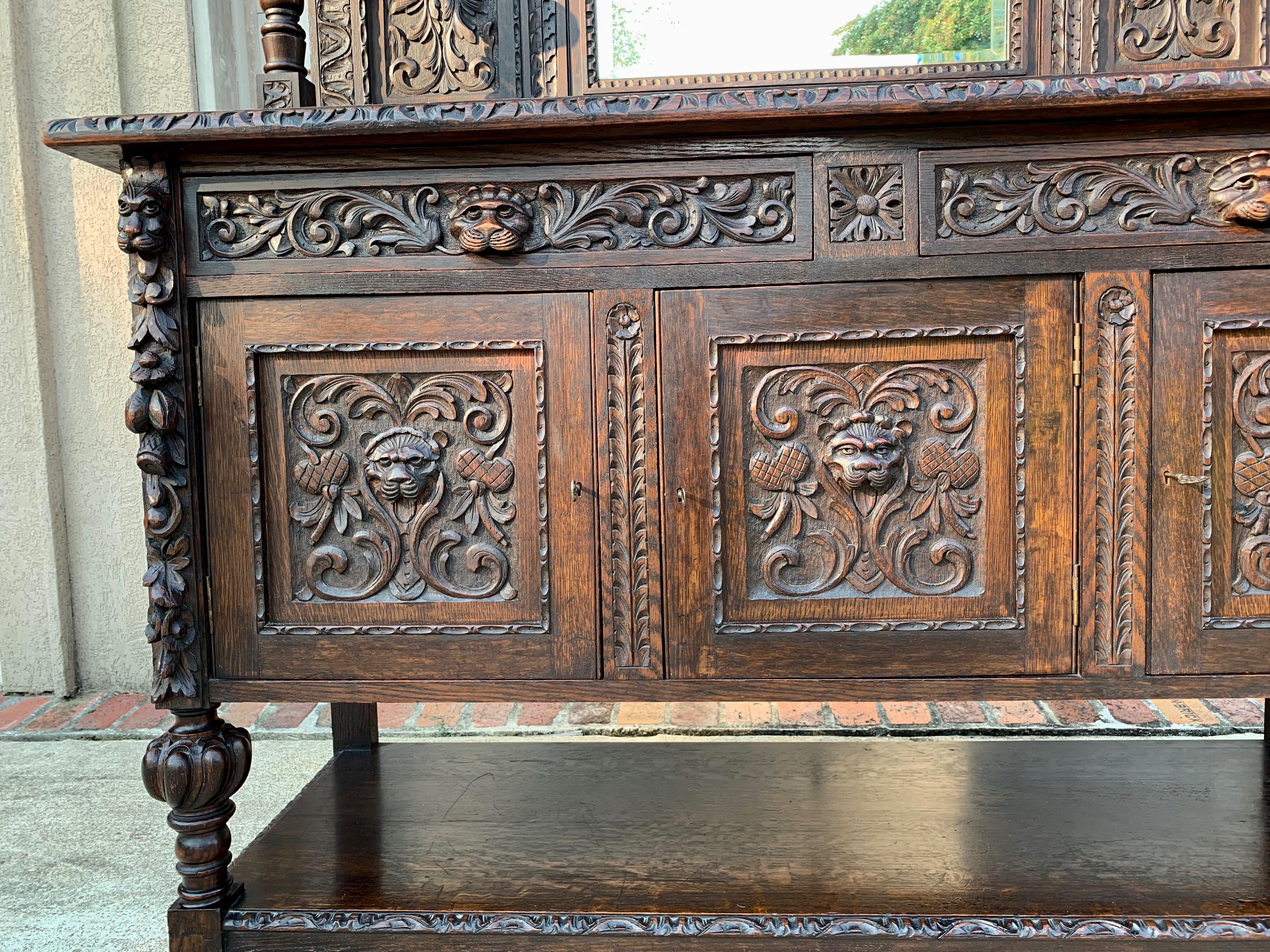Late 19th Century 19th Century English Carved Oak Sideboard Cabinet Mirror Renaissance Lion