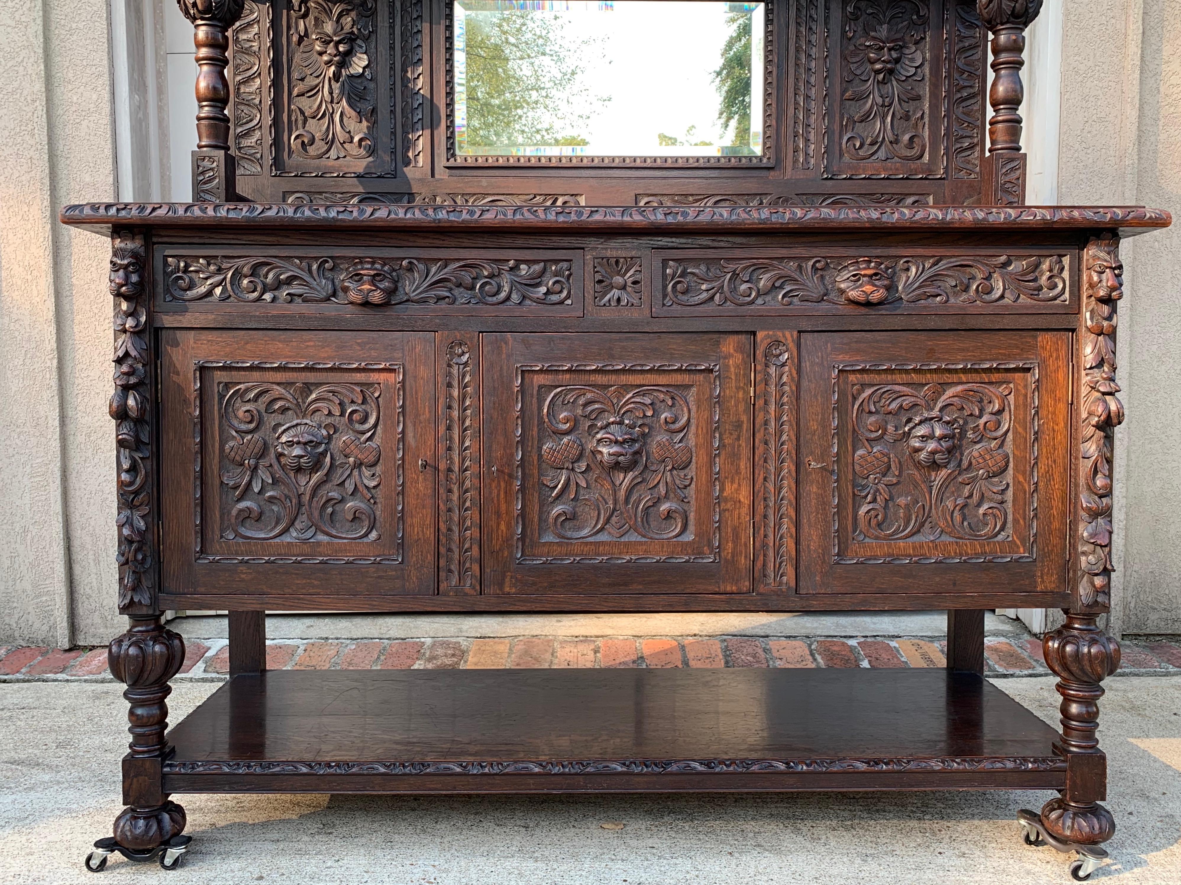 19th Century English Carved Oak Sideboard Cabinet Mirror Renaissance Lion 1
