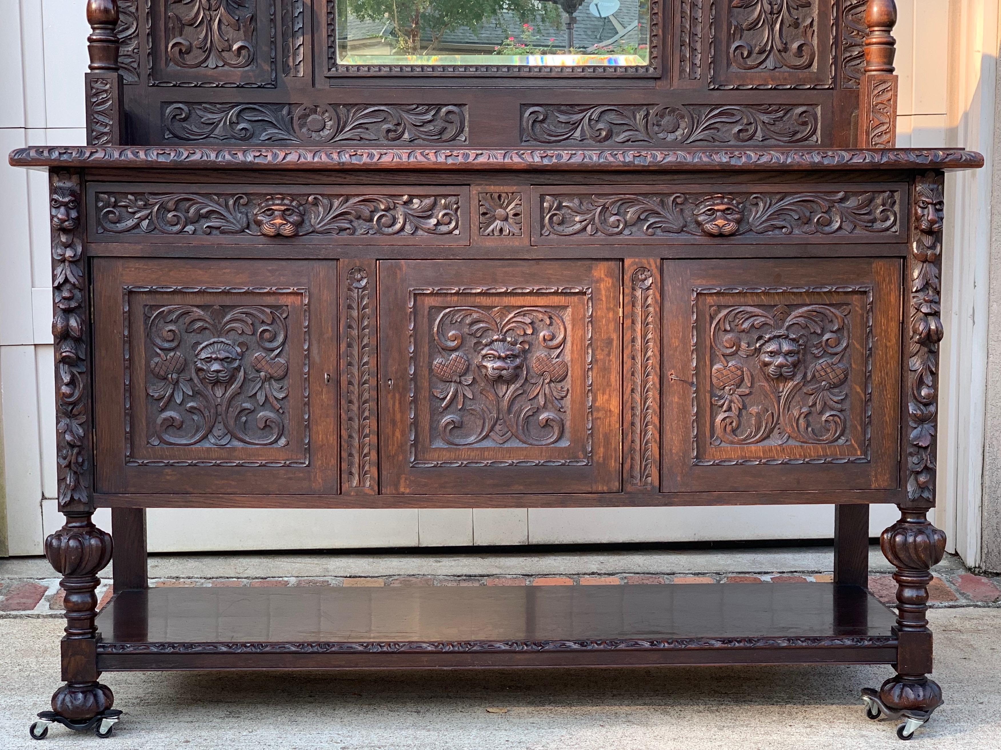 19th Century English Carved Oak Sideboard Cabinet Mirror Renaissance Lion 2