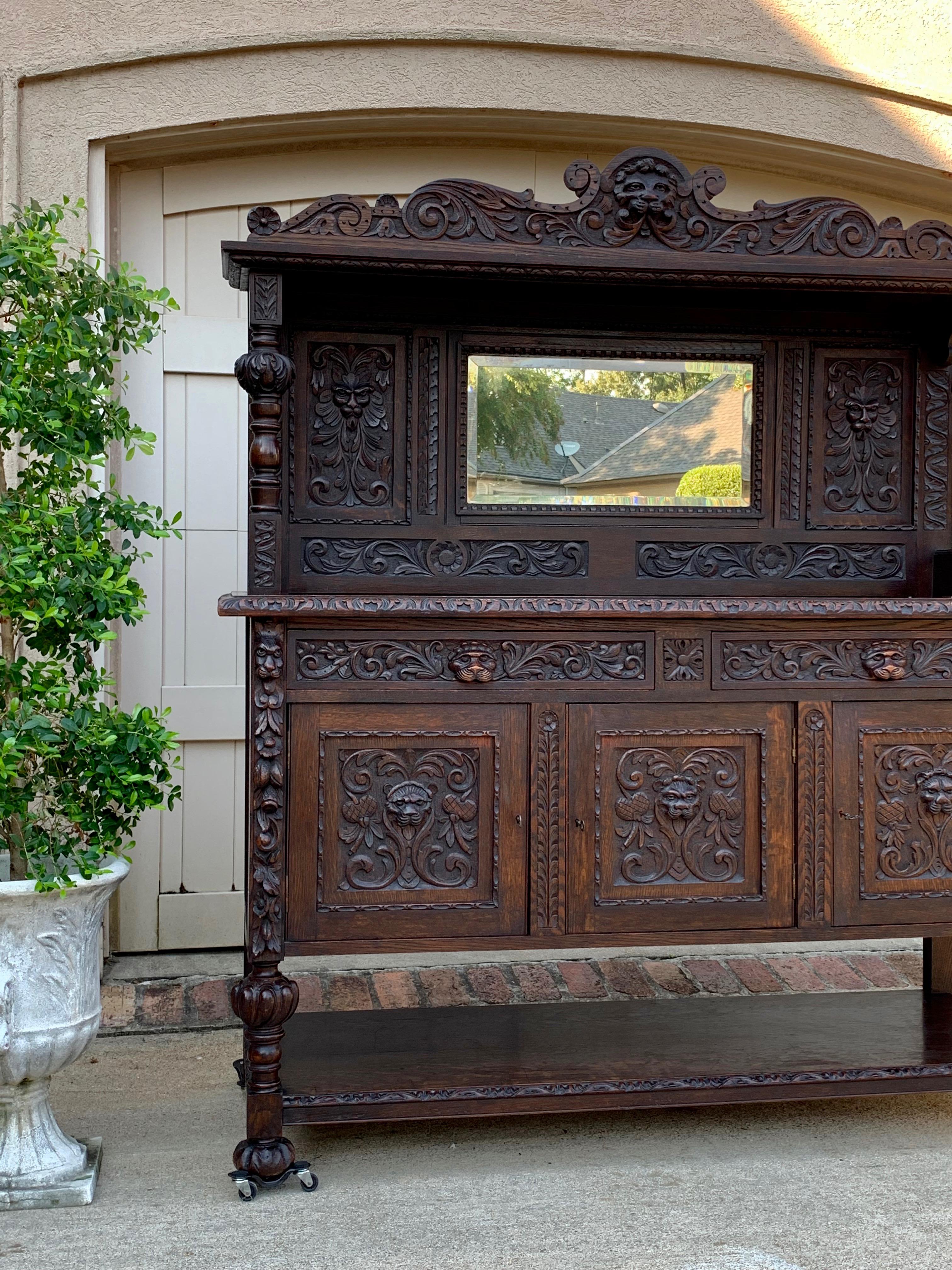 19th Century English Carved Oak Sideboard Cabinet Mirror Renaissance Lion 3