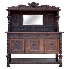 19th Century English Carved Oak Sideboard Cabinet Mirror Renaissance Lion