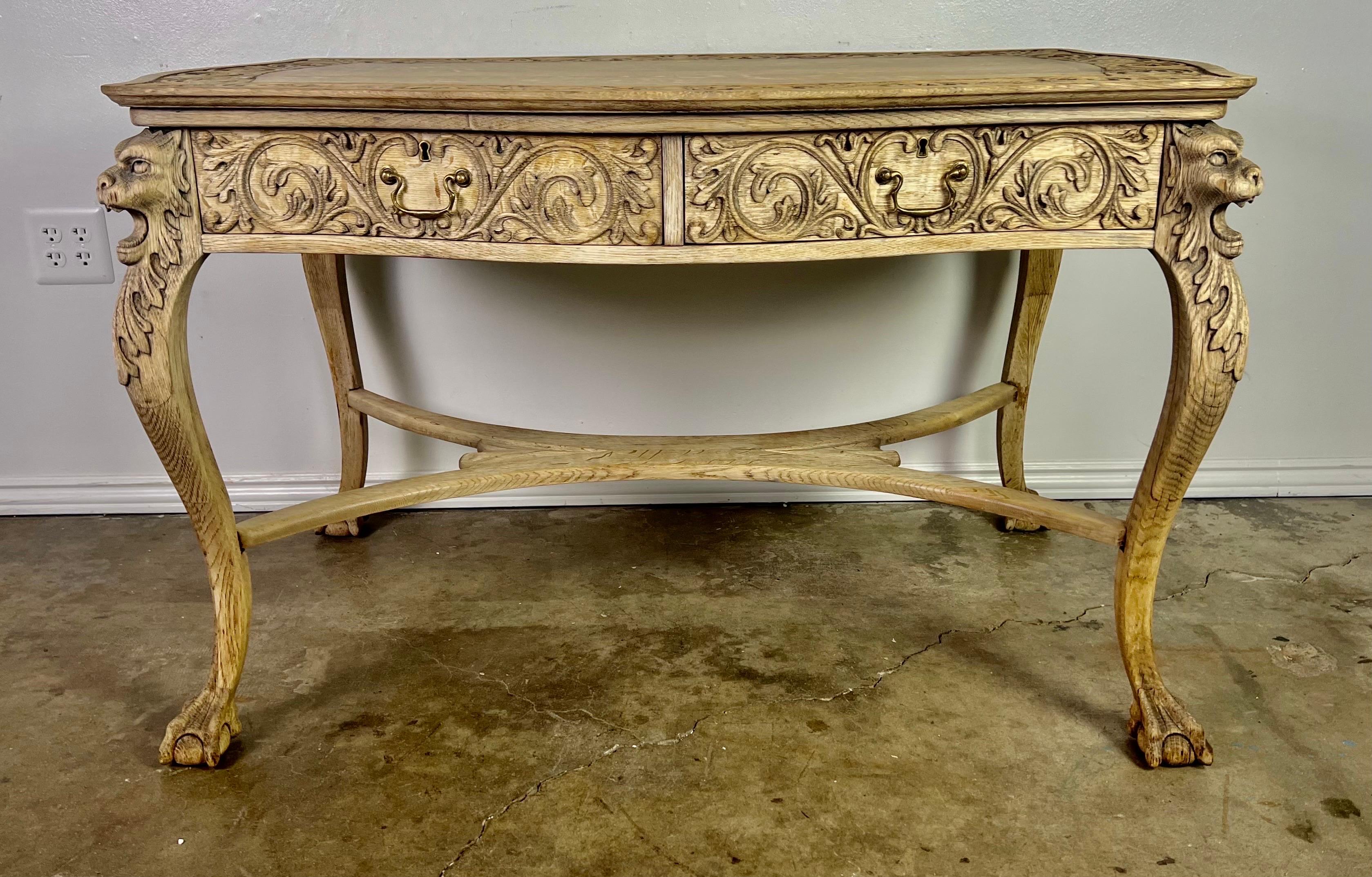 19th Century English Carved Partners Writing Table In Distressed Condition For Sale In Los Angeles, CA