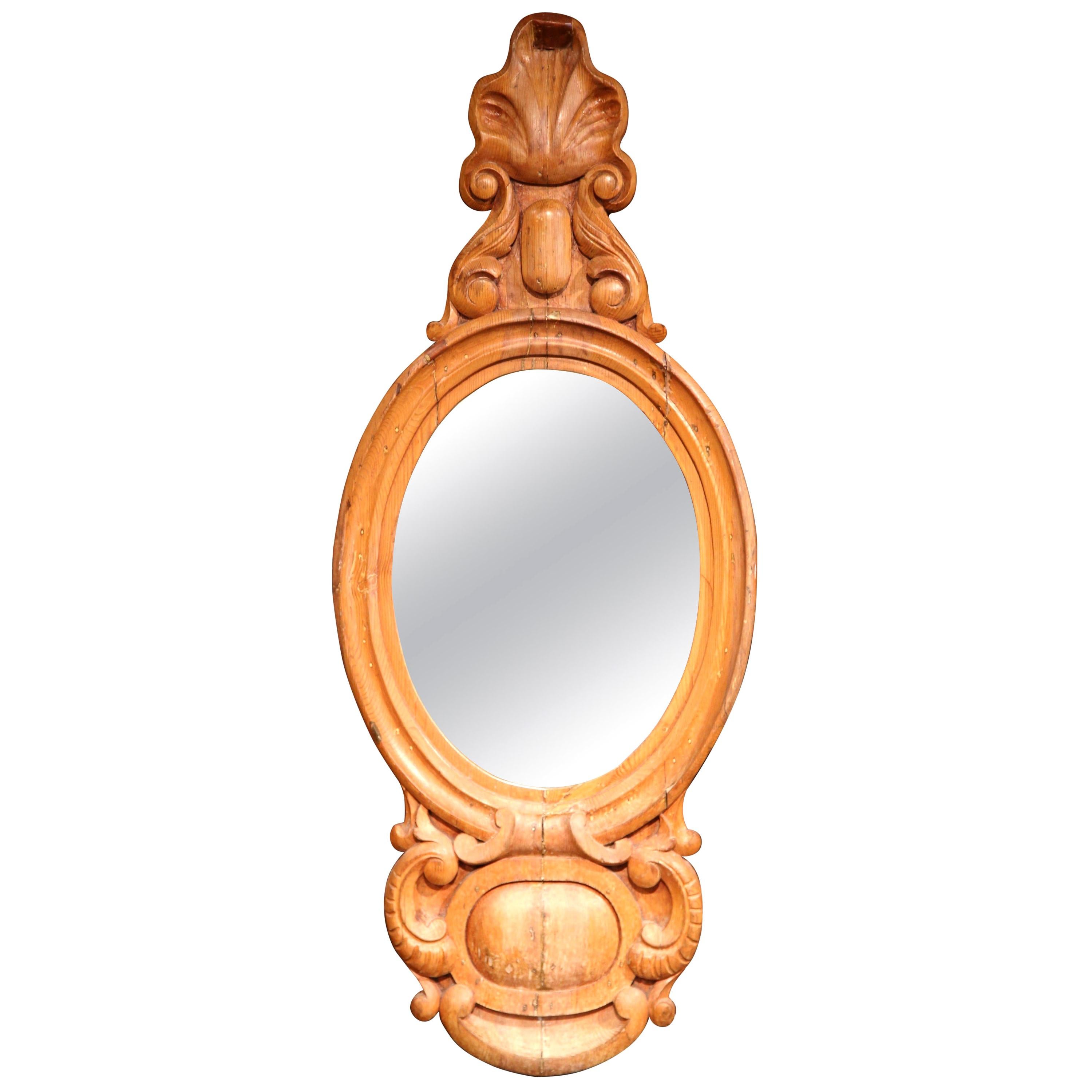19th Century English Carved Pine Oval Wall Mirror with Shell Motif