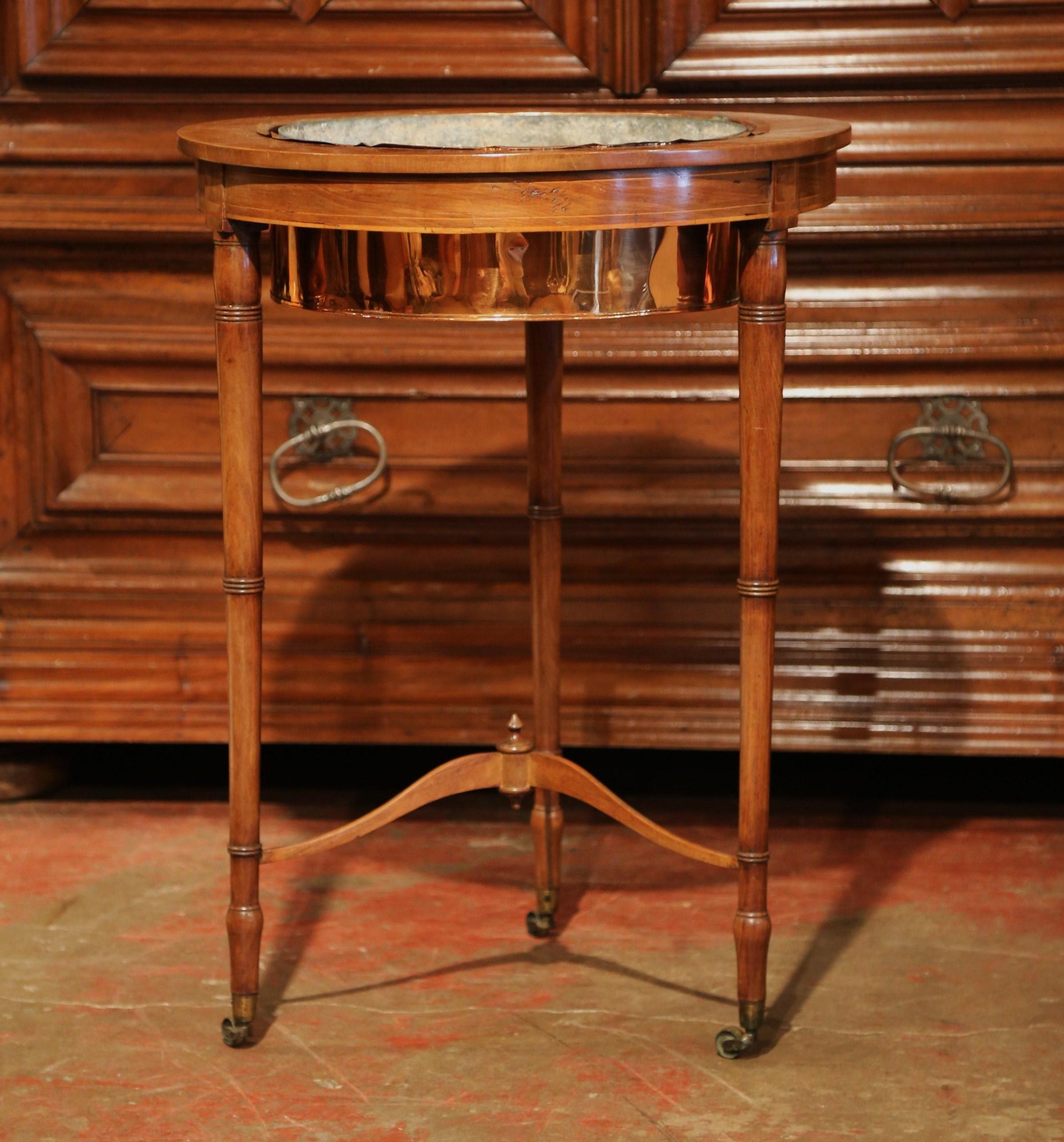 19th Century English Carved Plant Stand on Wheel with Copper Bowl and Zinc Liner In Excellent Condition In Dallas, TX