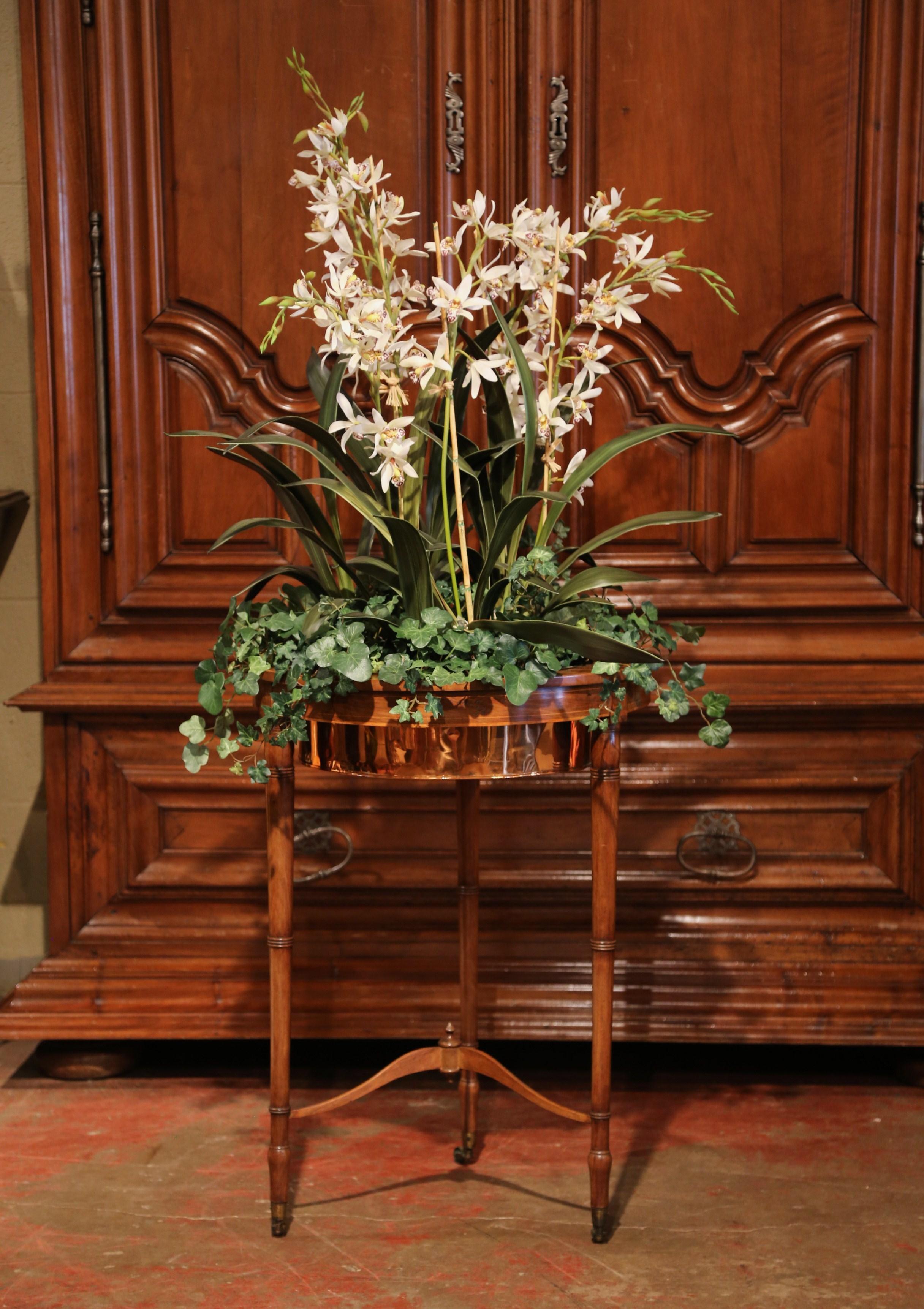 19th Century English Carved Plant Stand on Wheel with Copper Bowl and Zinc Liner 2