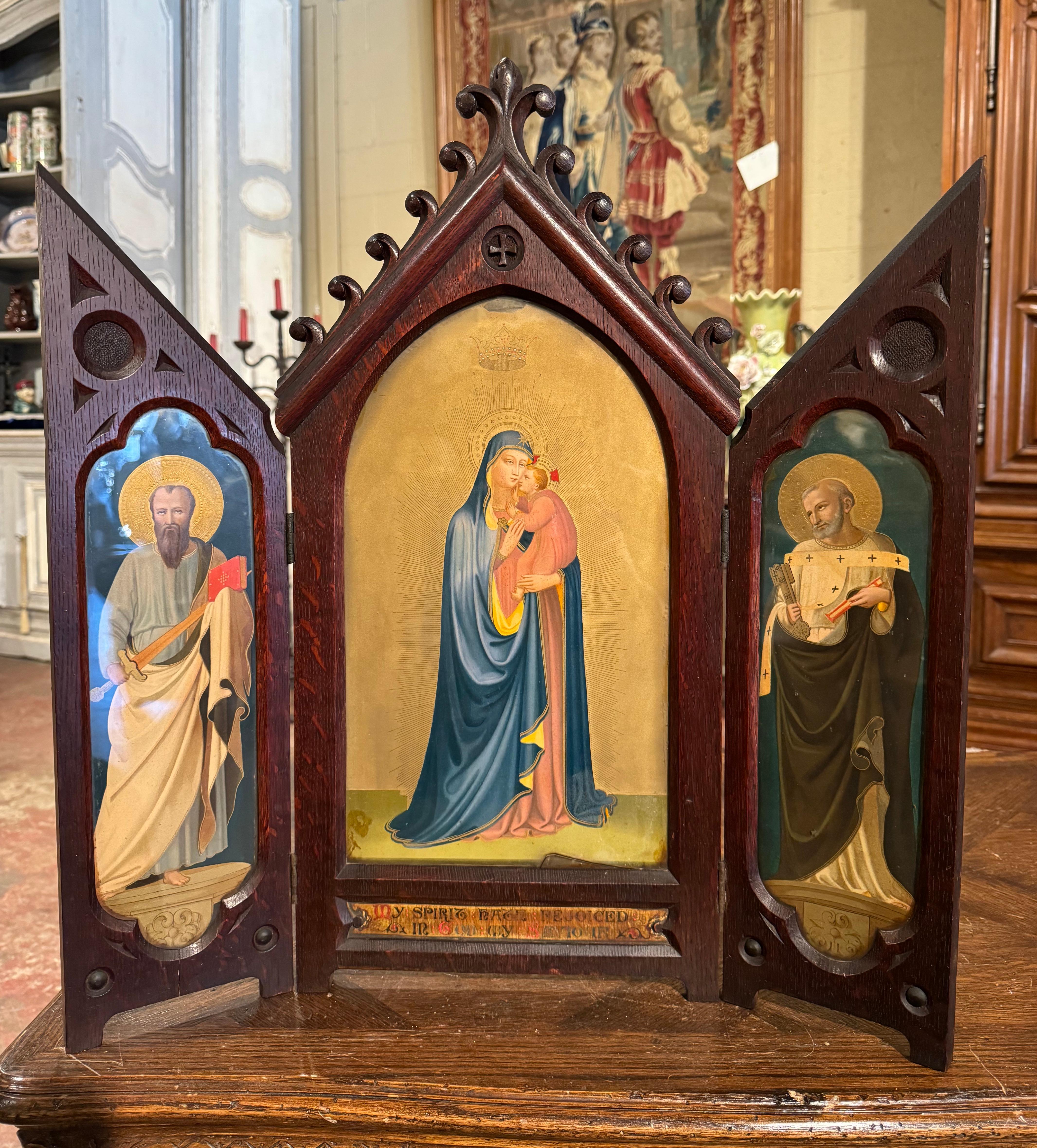 Glass 19th Century English Carved Triptych with Madonna & Child, St Peter and St Paul