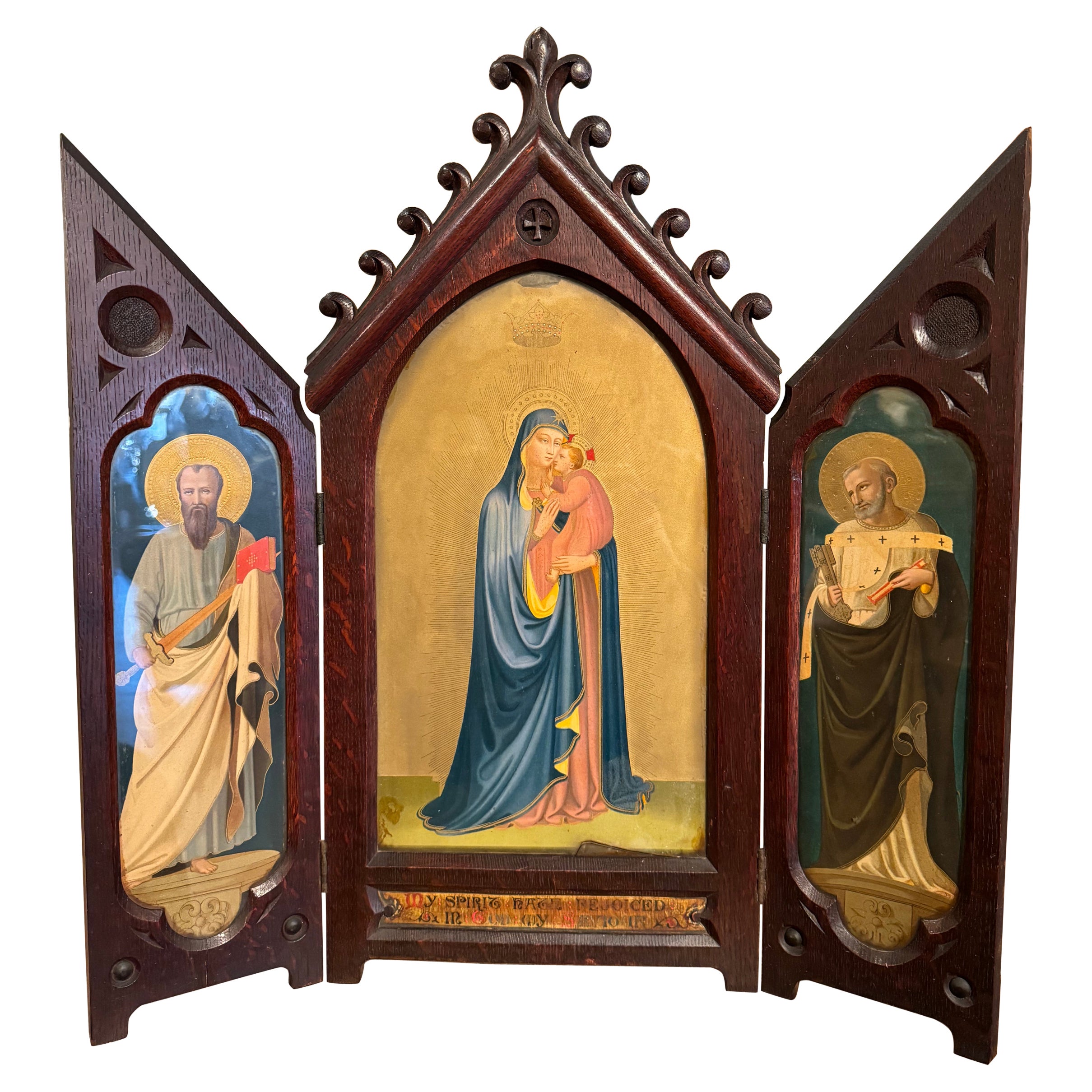 19th Century English Carved Triptych with Madonna 
Child, St Peter and St Paul