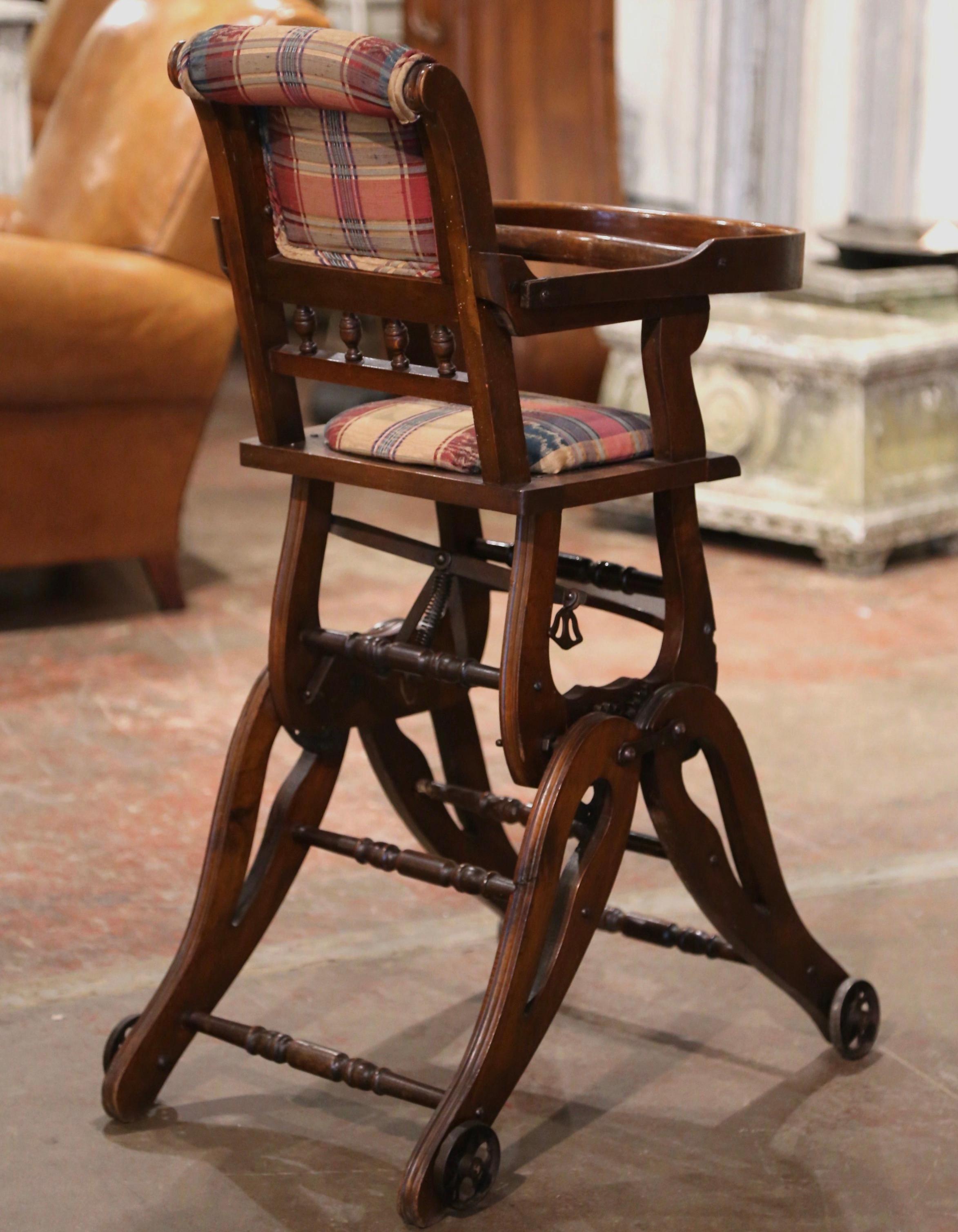 19th Century English Carved Walnut and Fabric Convertible High Chair to Rocker For Sale 2