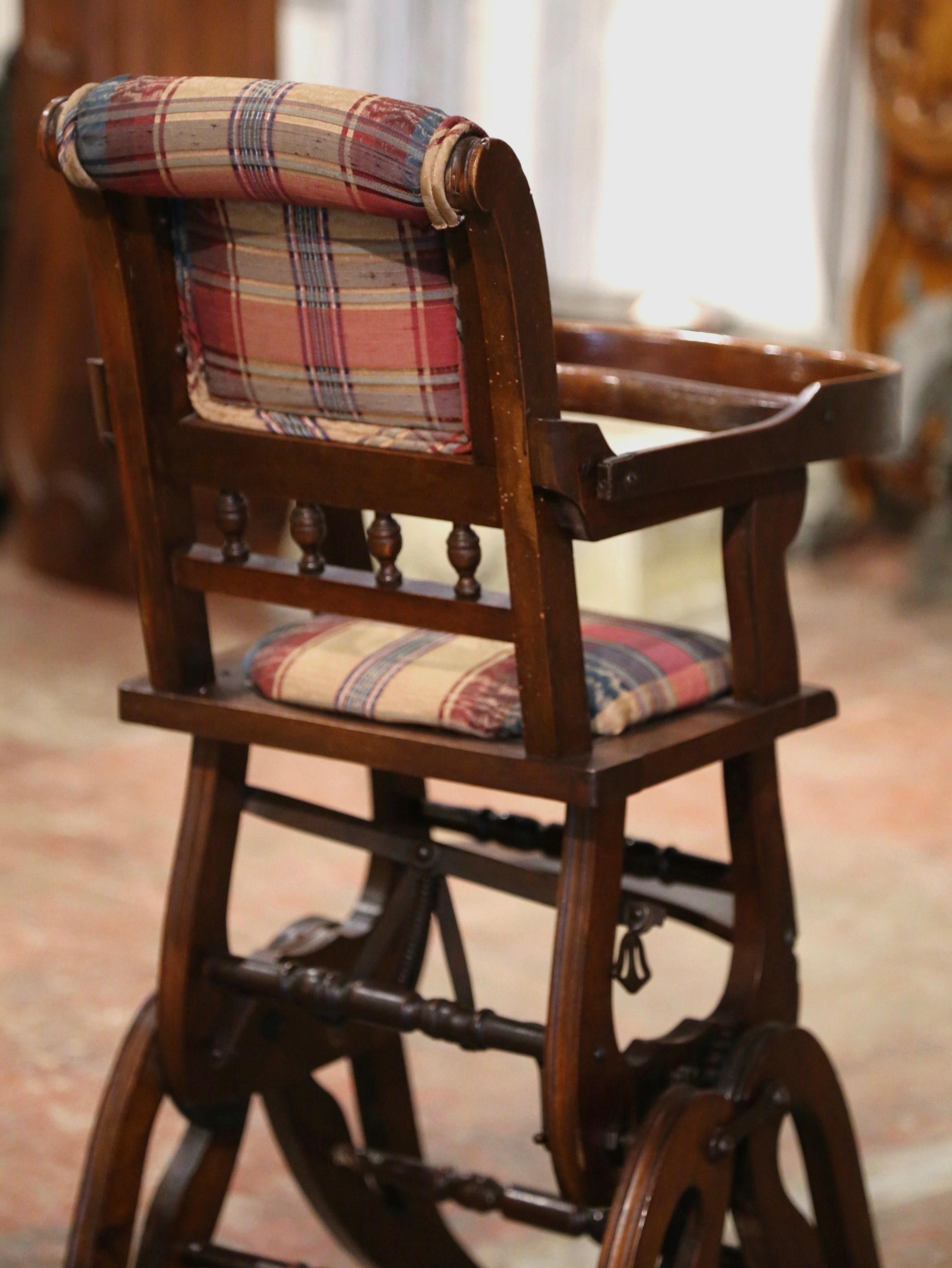 19th Century English Carved Walnut and Fabric Convertible High Chair to Rocker For Sale 3