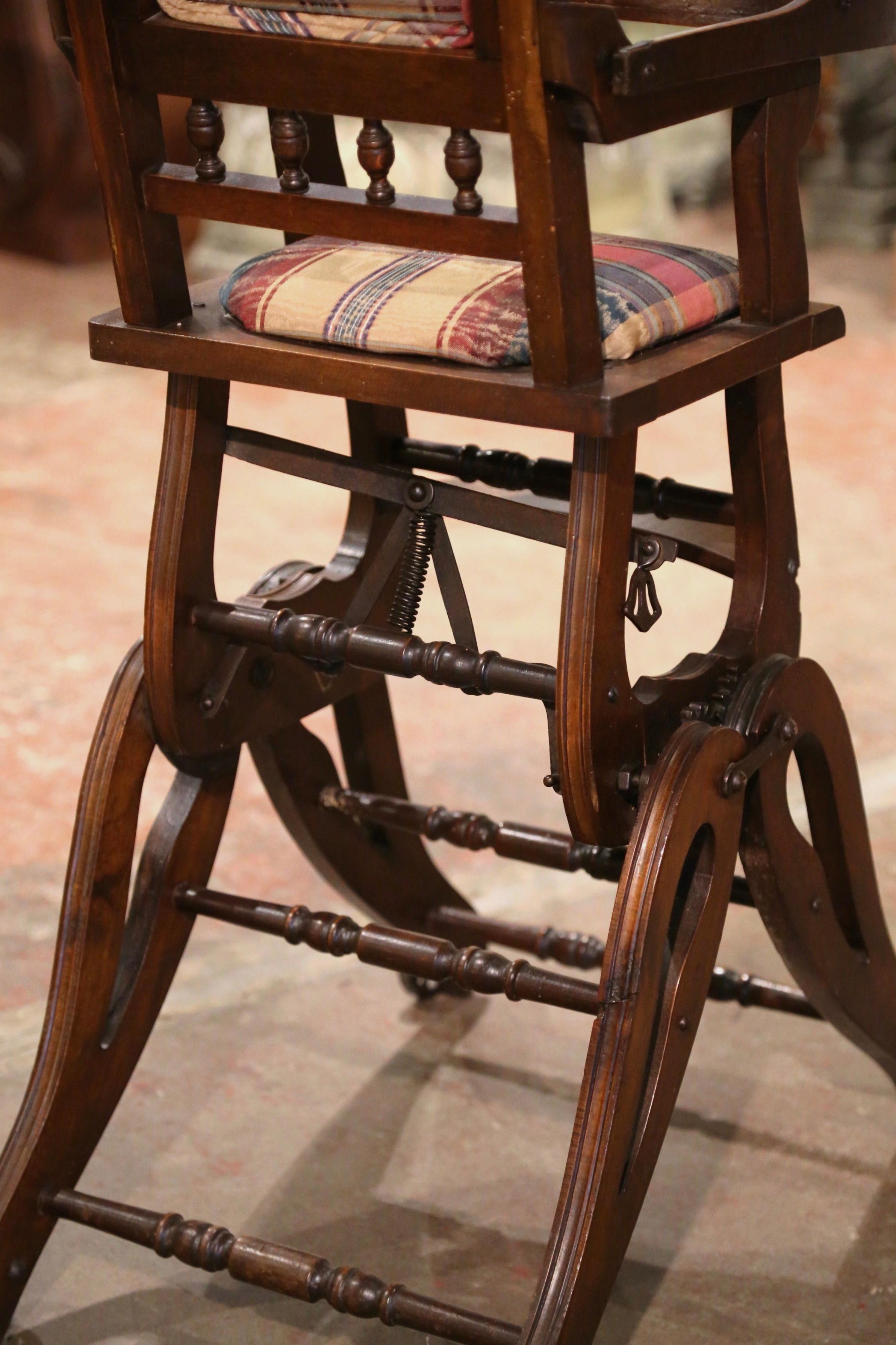 19th Century English Carved Walnut and Fabric Convertible High Chair to Rocker For Sale 4