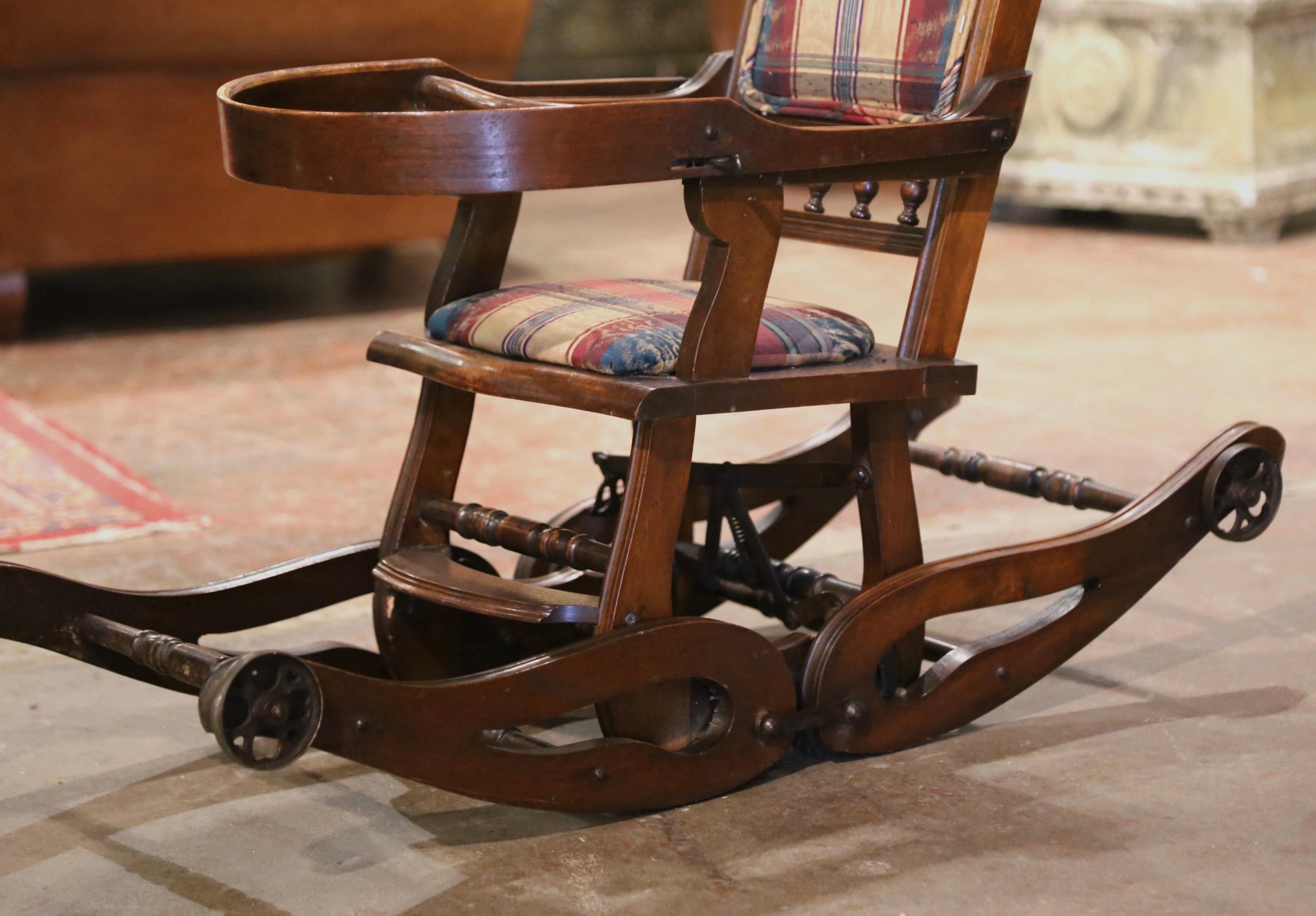 19th Century English Carved Walnut and Fabric Convertible High Chair to Rocker For Sale 5
