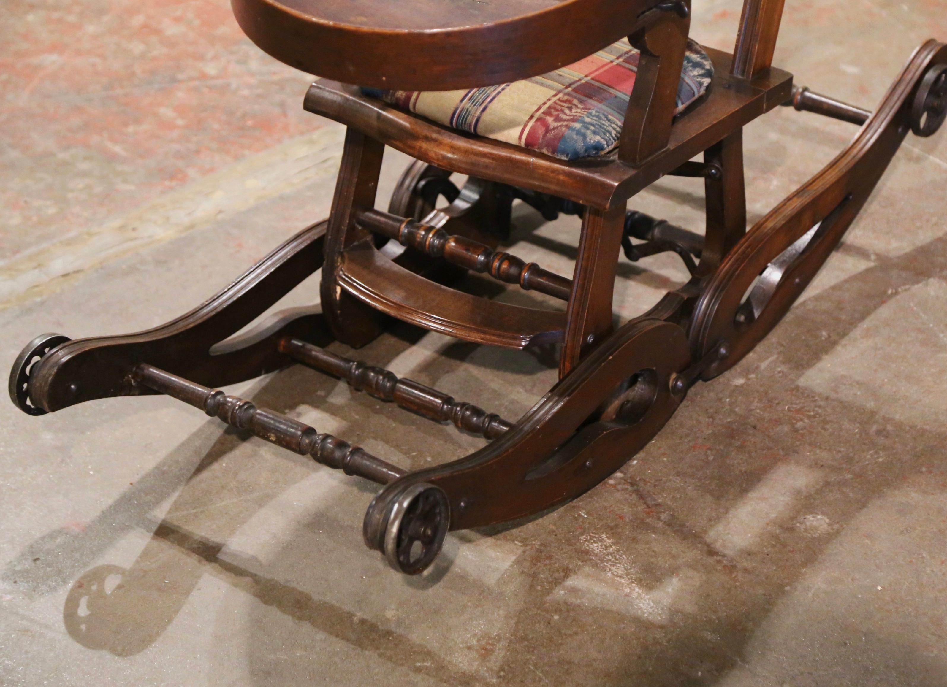 19th Century English Carved Walnut and Fabric Convertible High Chair to Rocker For Sale 6