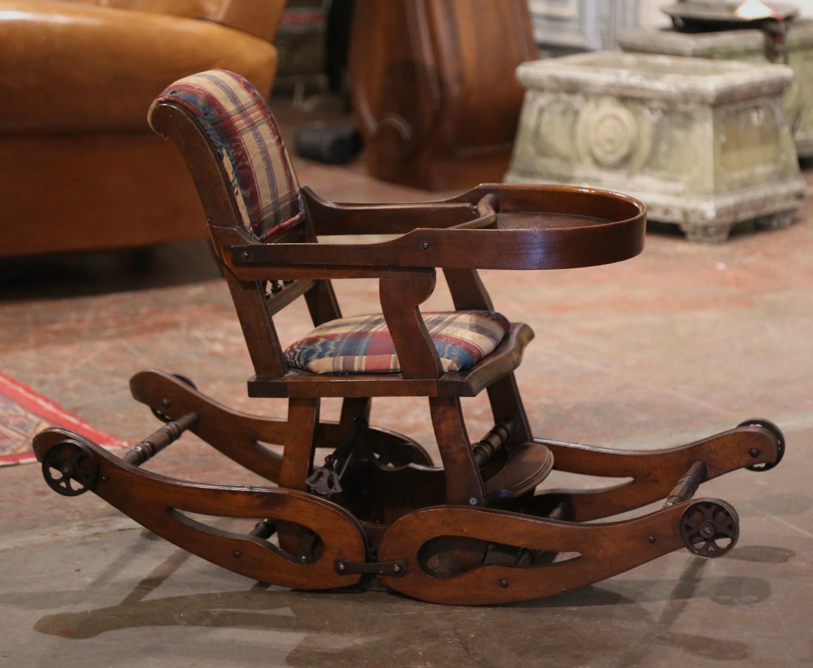 19th Century English Carved Walnut and Fabric Convertible High Chair to Rocker For Sale 7