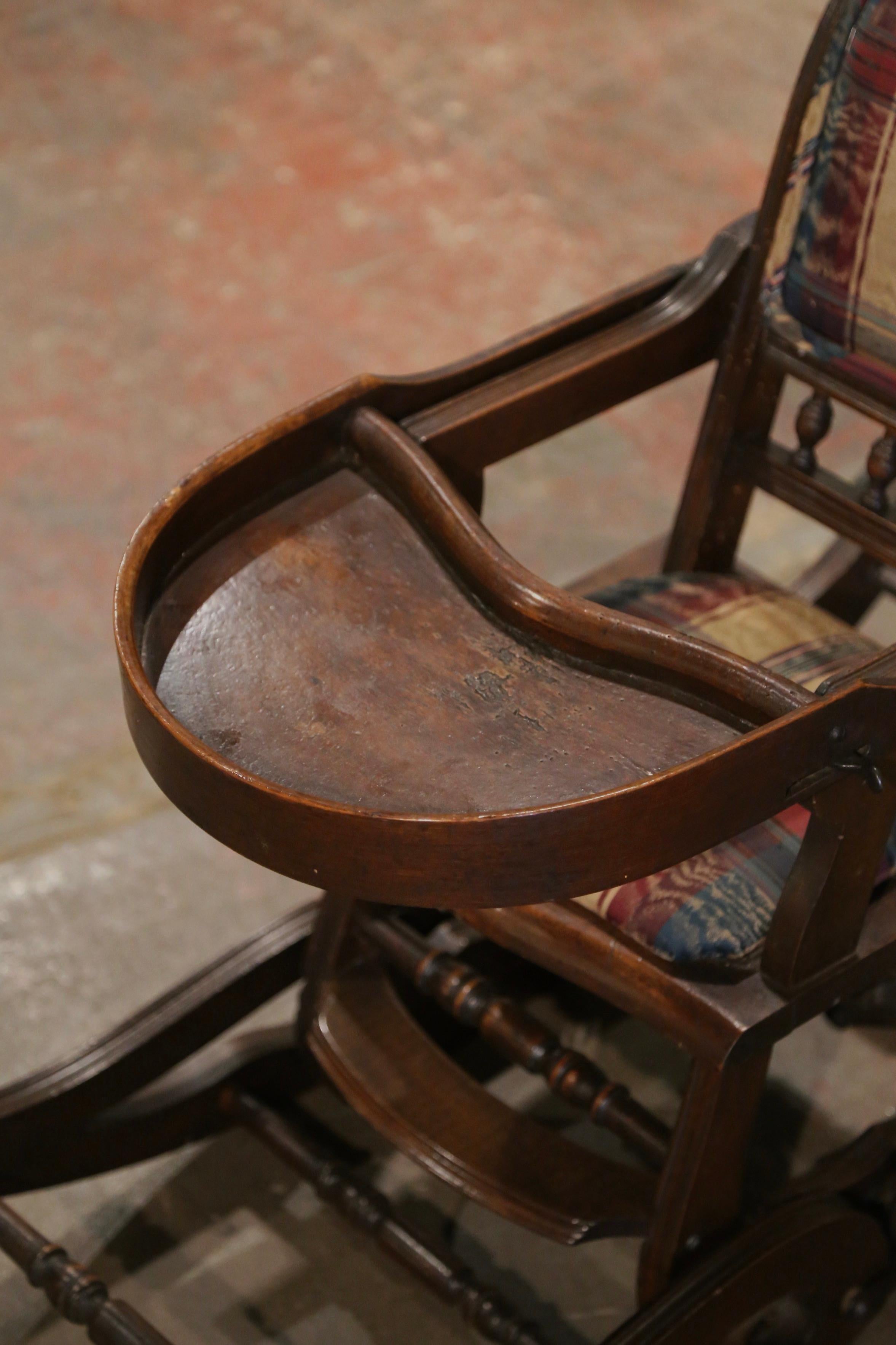 19th Century English Carved Walnut and Fabric Convertible High Chair to Rocker For Sale 8