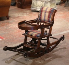 19th Century English Carved Walnut and Fabric Convertible High Chair to Rocker